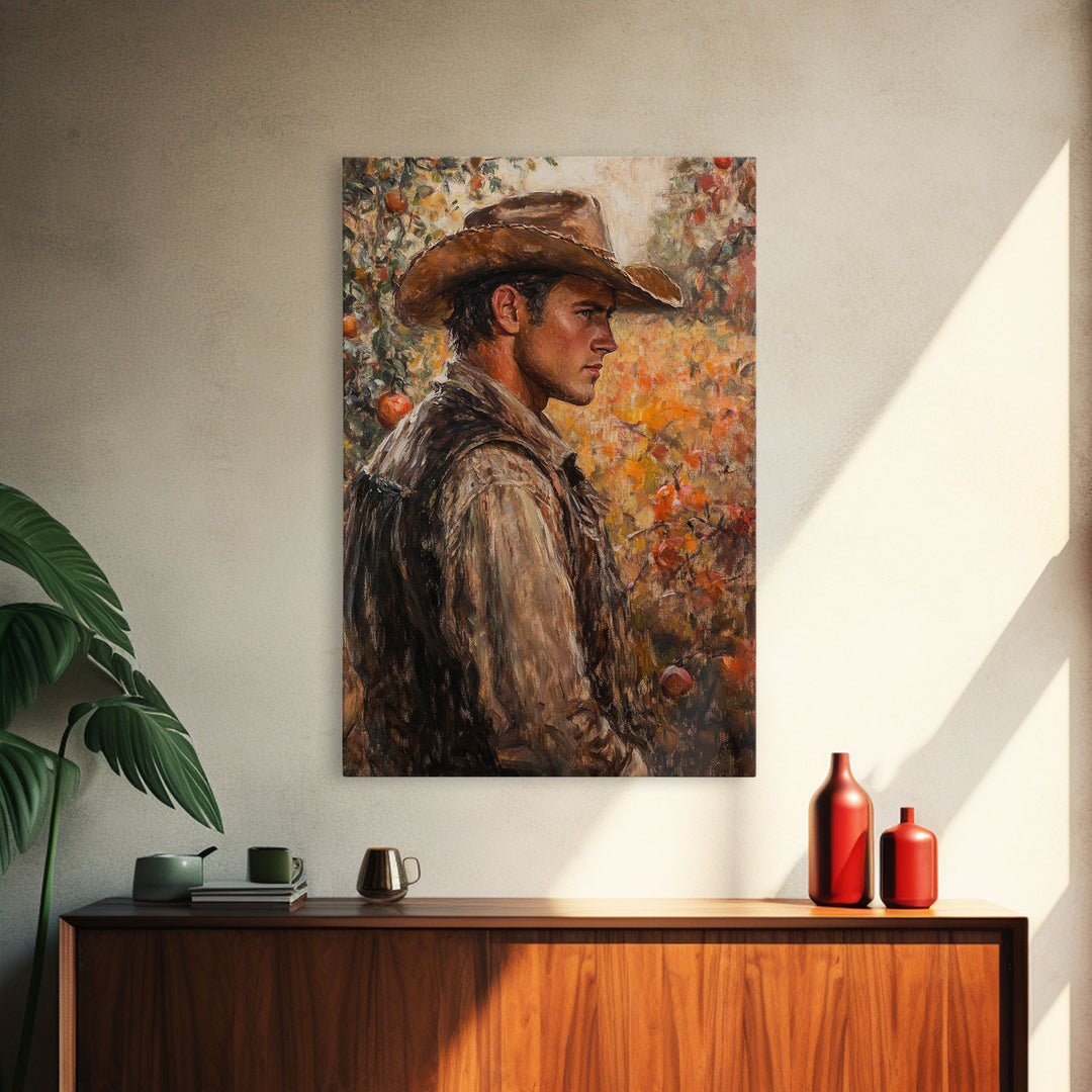 Thoughtful Cowboy in Orchard Canvas Print with Fall Colors, Rustic Western Art, Autumn Decor Gift, Vintage Wall Art, Large Canvas Print