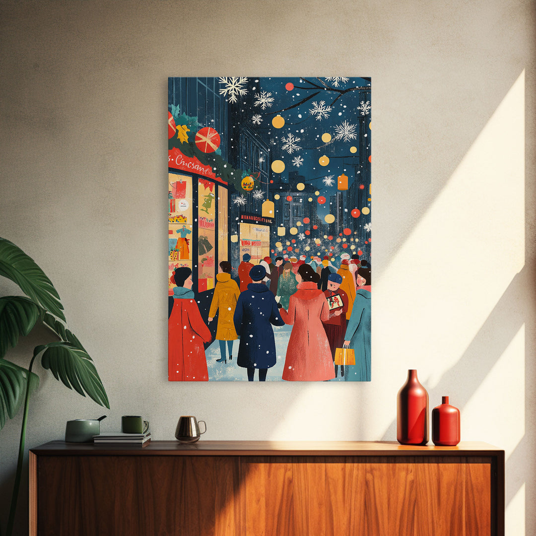 Retro City Christmas Shopping Scene Framed Canvas Print Tall Art With People In Coats And Snow, Vintage Holiday Wall Art Decor