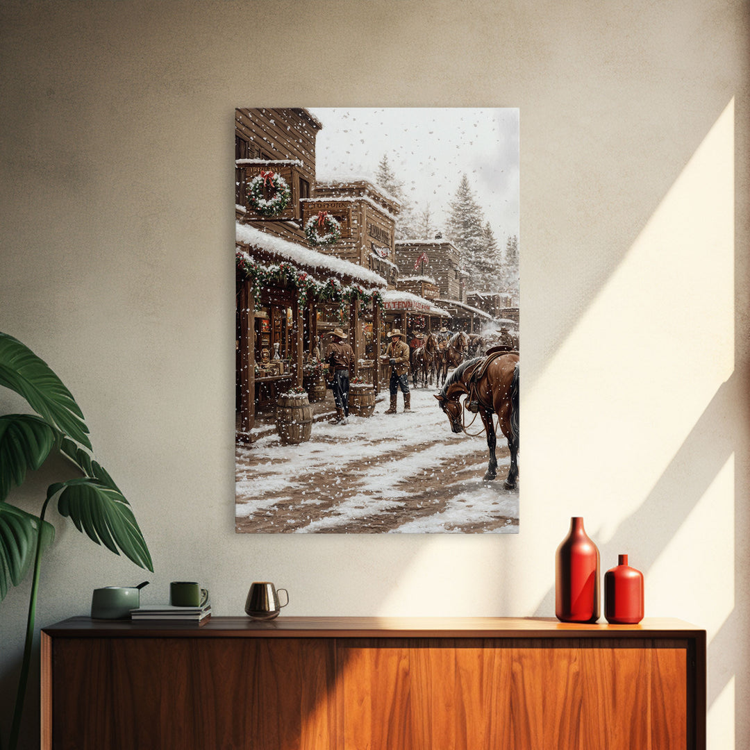 Nostalgic Cowboy Christmas Scene Framed Canvas Print Tall Art With Snowy Western Town, Rustic Wall Art Vintage Christmas Home Decor