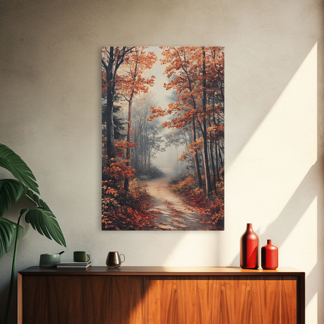 Path Through The Fall Leaves - Framed Canvas Print - Fall Decor - Autumn Gift Idea - Autumn Wall Art - Landscape Painting