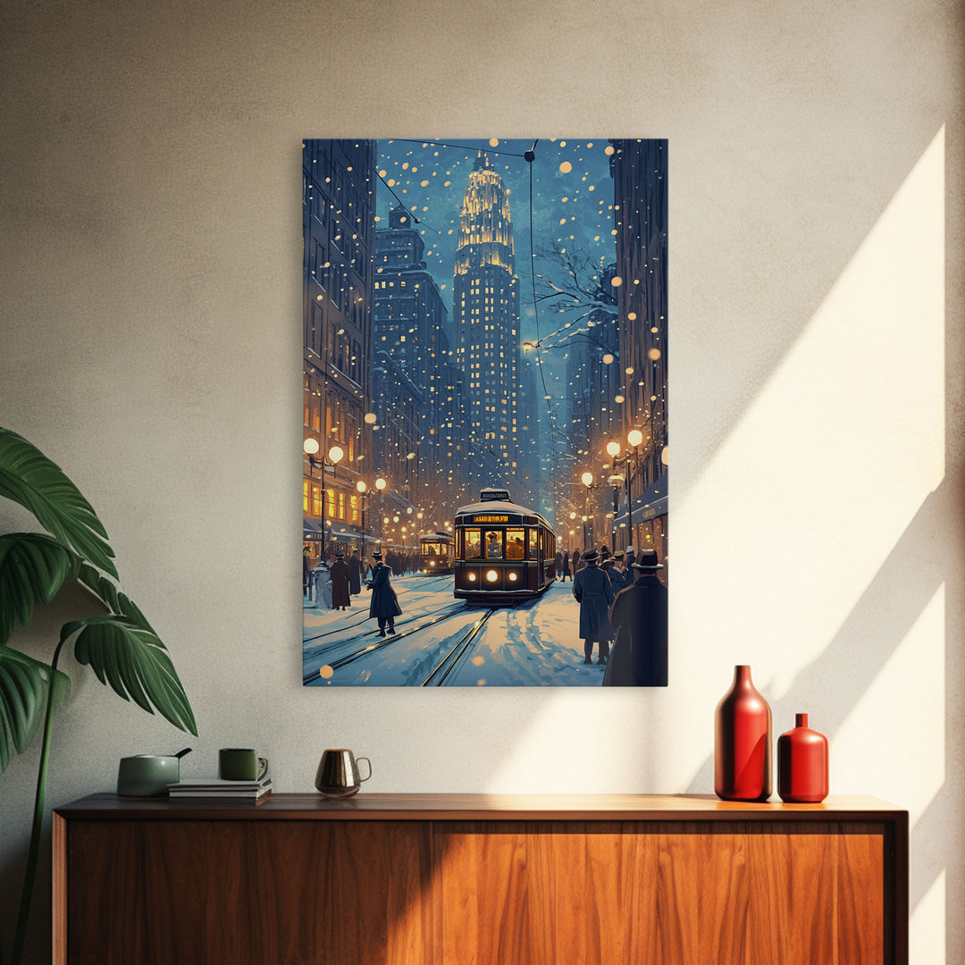 Snowy Winter City Scene Holiday Lights Framed Canvas Print Christmas Wall Art Urban Christmas Decor Holiday Gift Christmas Tree Art Gift