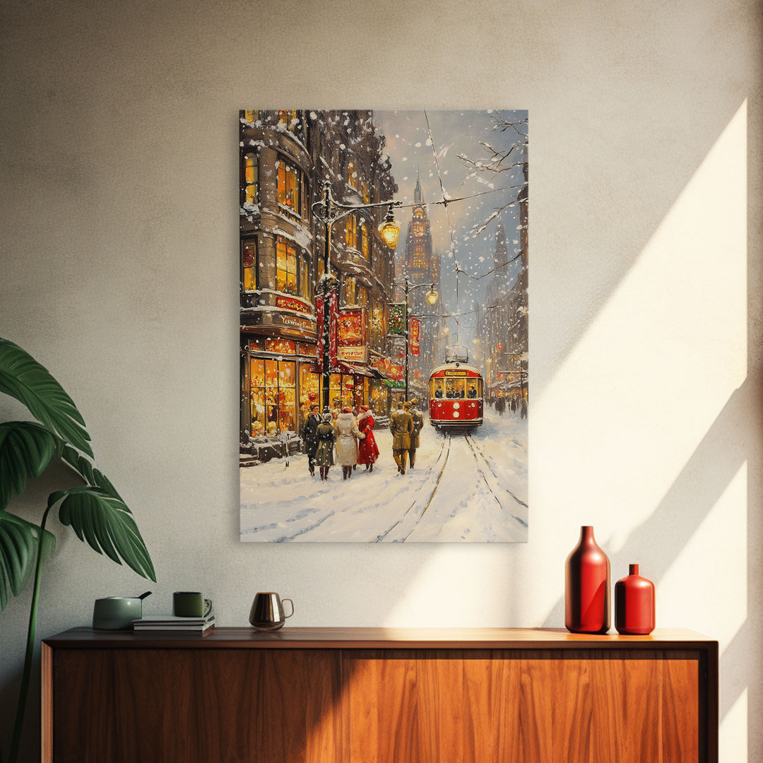 Vintage Snowy Christmas Street Scene With Trolley Framed Canvas Print Holiday Wall Art Retro Christmas Decor Christmas Tree Art Gift Idea