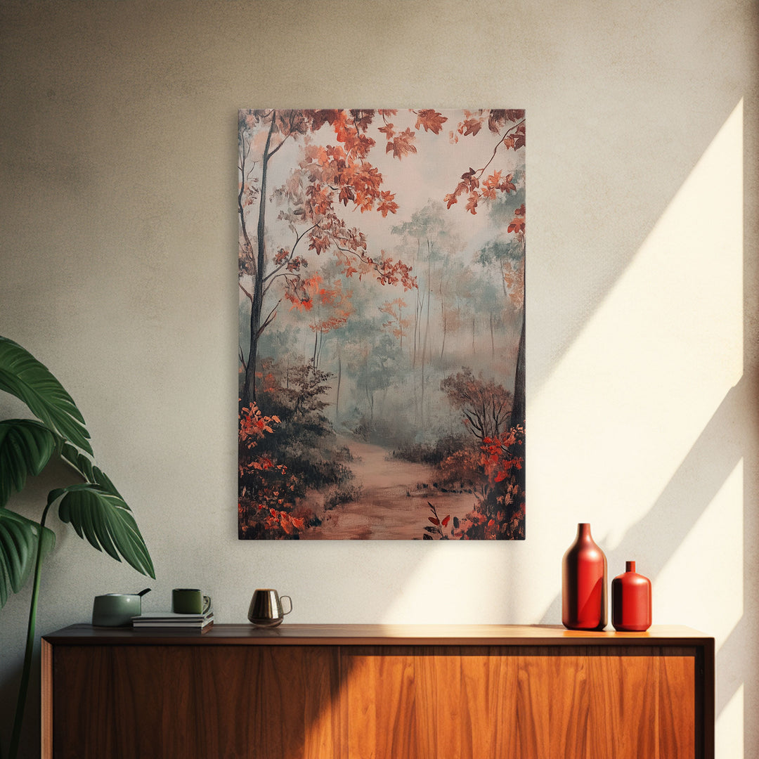 Framed Canvas Print of Autumn Pathway with Red Leaves, Seasonal Wall Art, Best Gift Idea, Modern Farmhouse Fall Decor, Moody Landscape