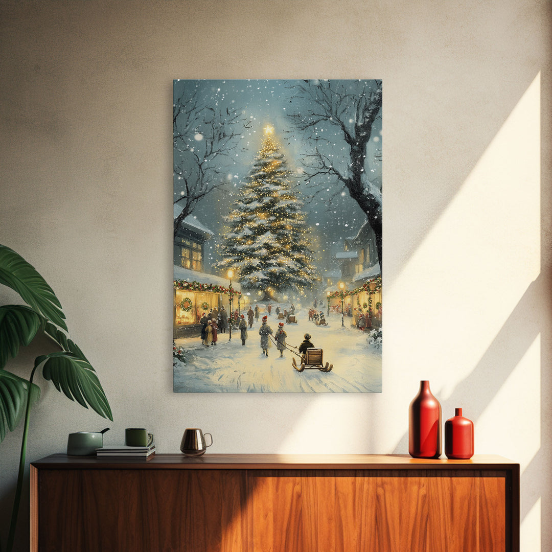 Christmas Tree Village Snowy Winter Scene Framed Canvas Print Christmas Wall Art Christmas Decor Christmas Tree Art Holiday Gift Winter Art