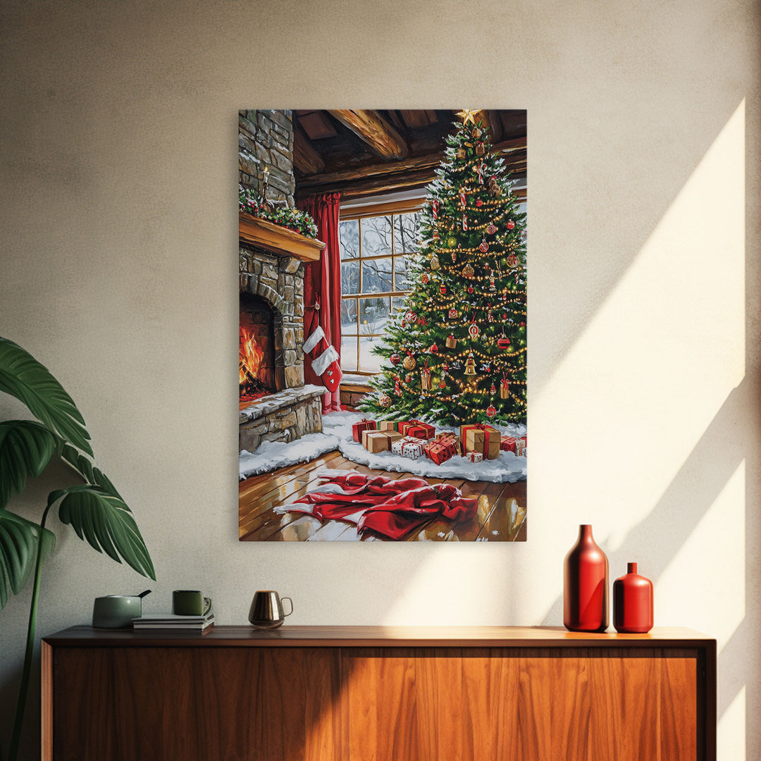 Cozy Cabin Fireplace With Christmas Tree Framed Canvas Print Christmas Wall Art Farmhouse Christmas Decor Holiday Gift Christmas Tree Art