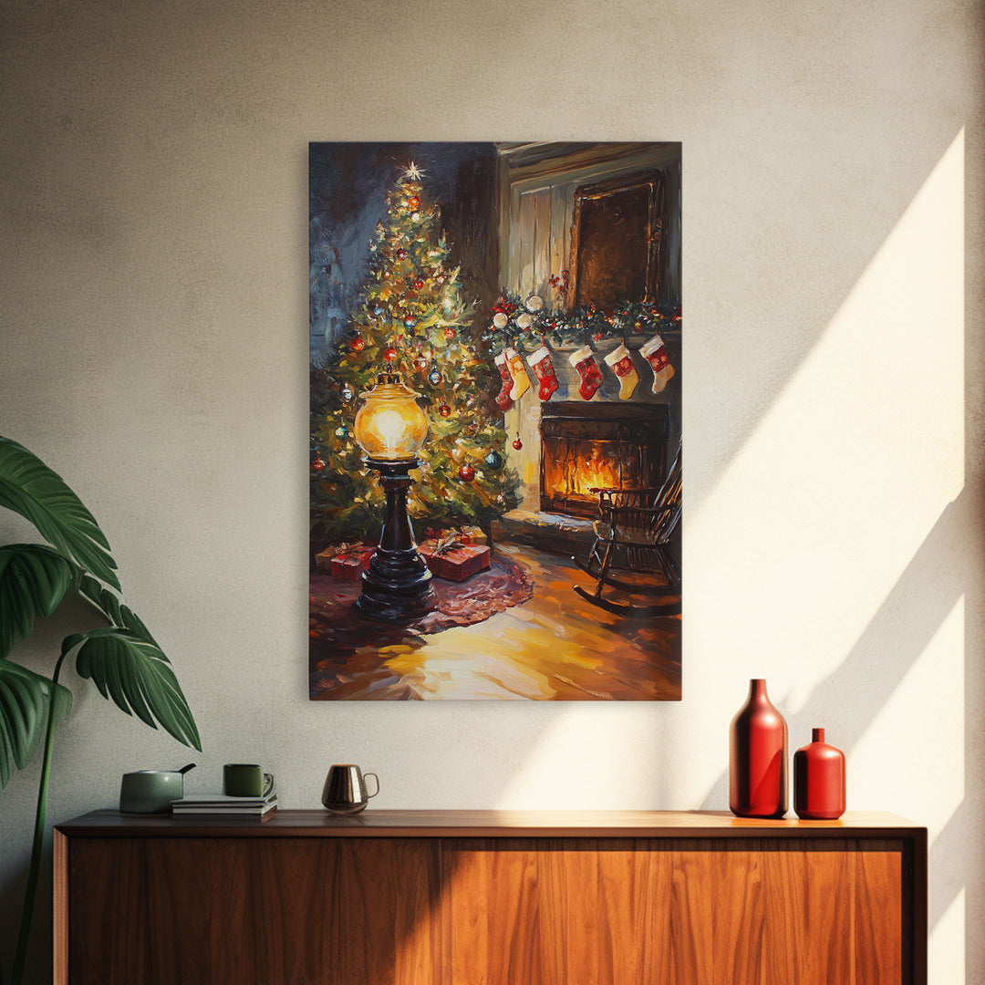 Vintage Christmas Tree And Fireplace Scene Framed Canvas Print Warm Holiday Decor With Stockings And Glowing Lights Christmas Wall Art