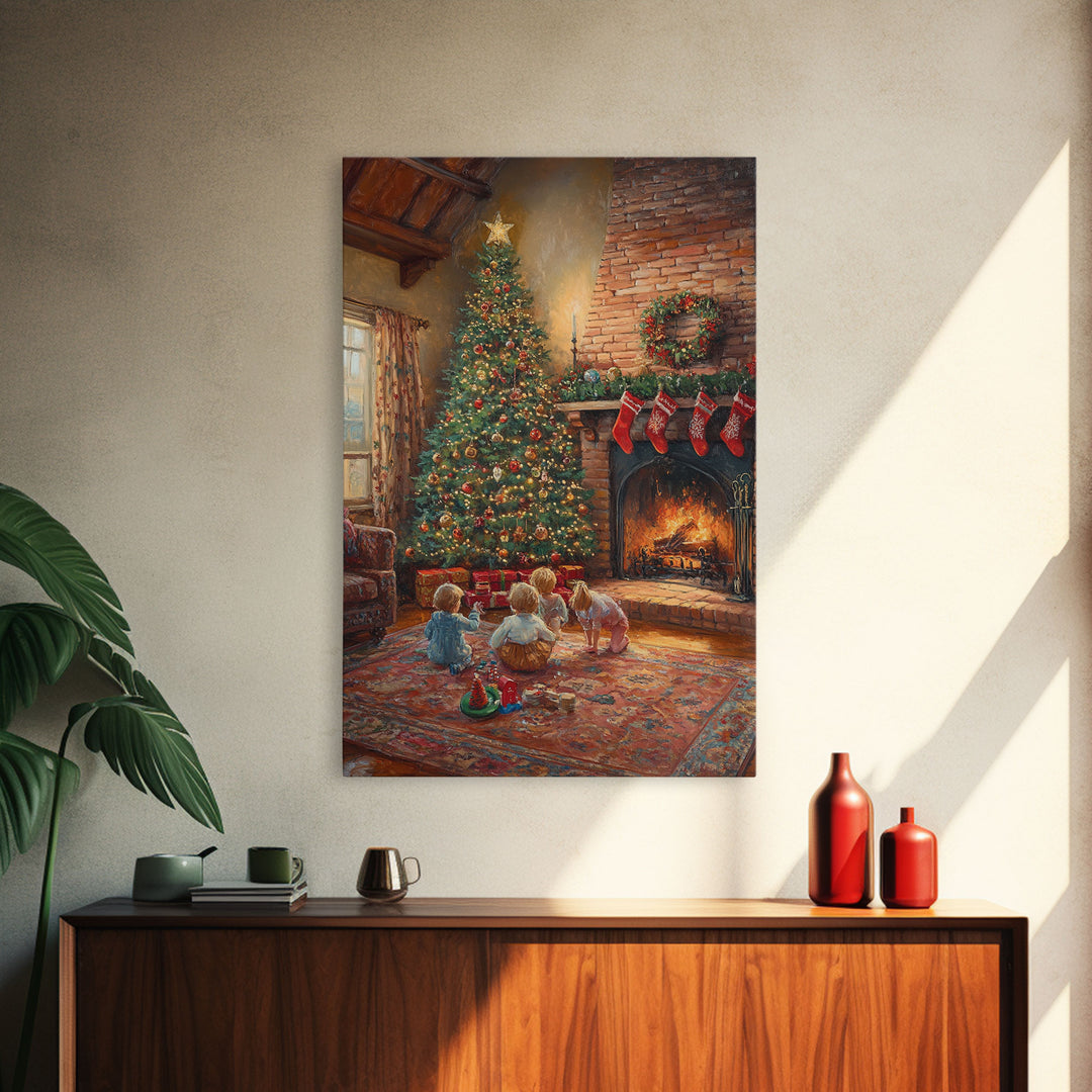 Children By Fireplace And Christmas Tree Framed Canvas Print Cozy Holiday Home Decor With Warm Fire And Festive Decorations Christmas Art