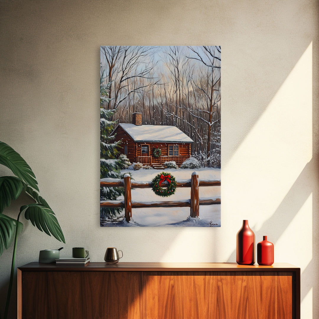 Snowy Log Cabin With Wreath And Fence Framed Canvas Print Rustic Winter Scene With Cozy Cabin In Snow Perfect Christmas Home Decor Wall Art