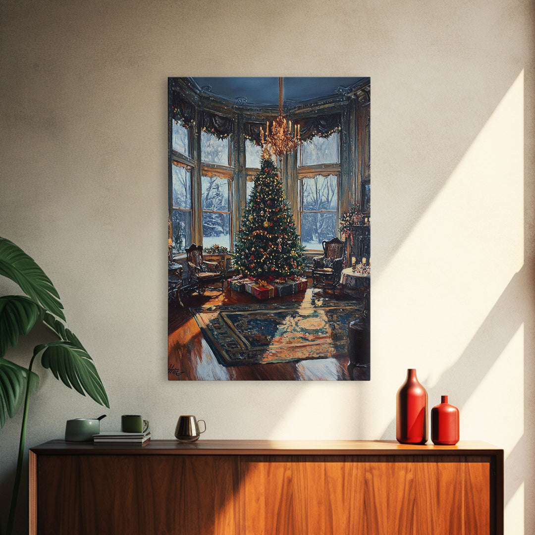 Grand Victorian Christmas Tree In Luxury Room Framed Canvas Print Classic Holiday Home Decor With Snowy Window And Festive Lights Wall Art