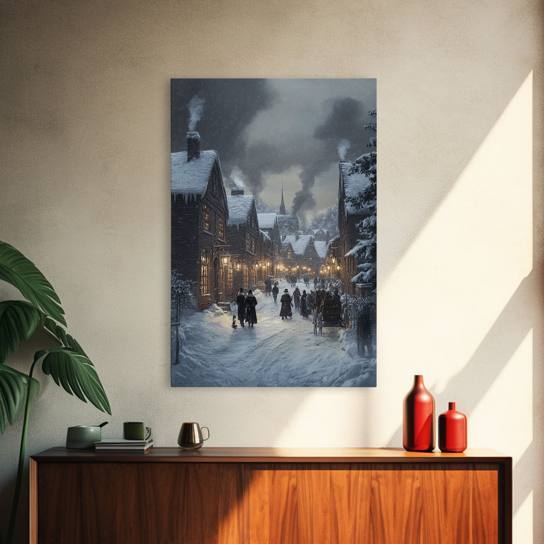 Traditional Victorian Christmas Village in Snow, Classic Christmas Wall Decor for Winter Wonderland Theme, Framed Canvas Print