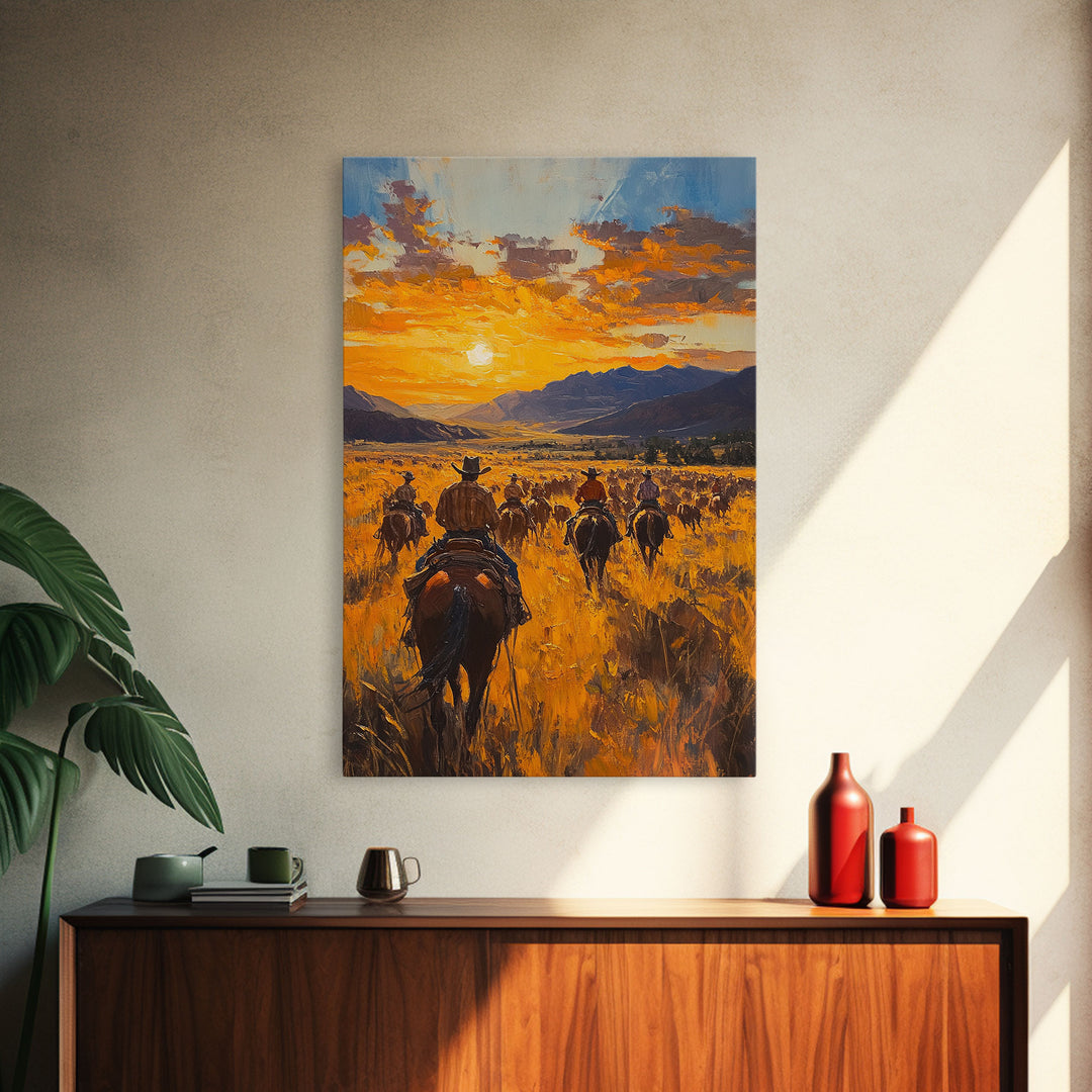 Cowboy Riders at Dusk Framed Canvas Print, Warm Sunset Western Scene with Riders on the Plains, Fall Decor Ranch Homes and Country Wall Art