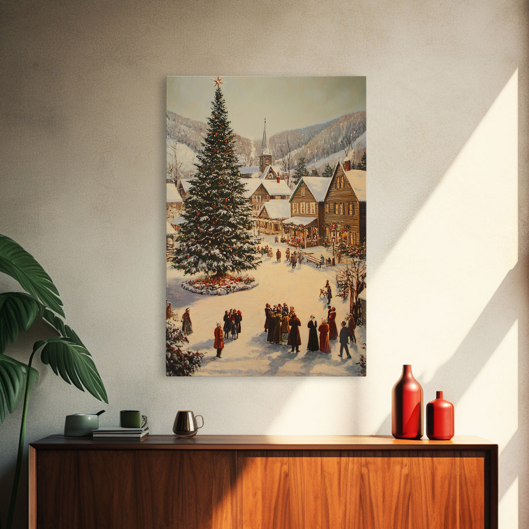 Victorian Christmas Village Framed Canvas Print, Festive Winter Scene Large Christmas Tree, Wall Art for Vintage Country or Farmhouse Decor