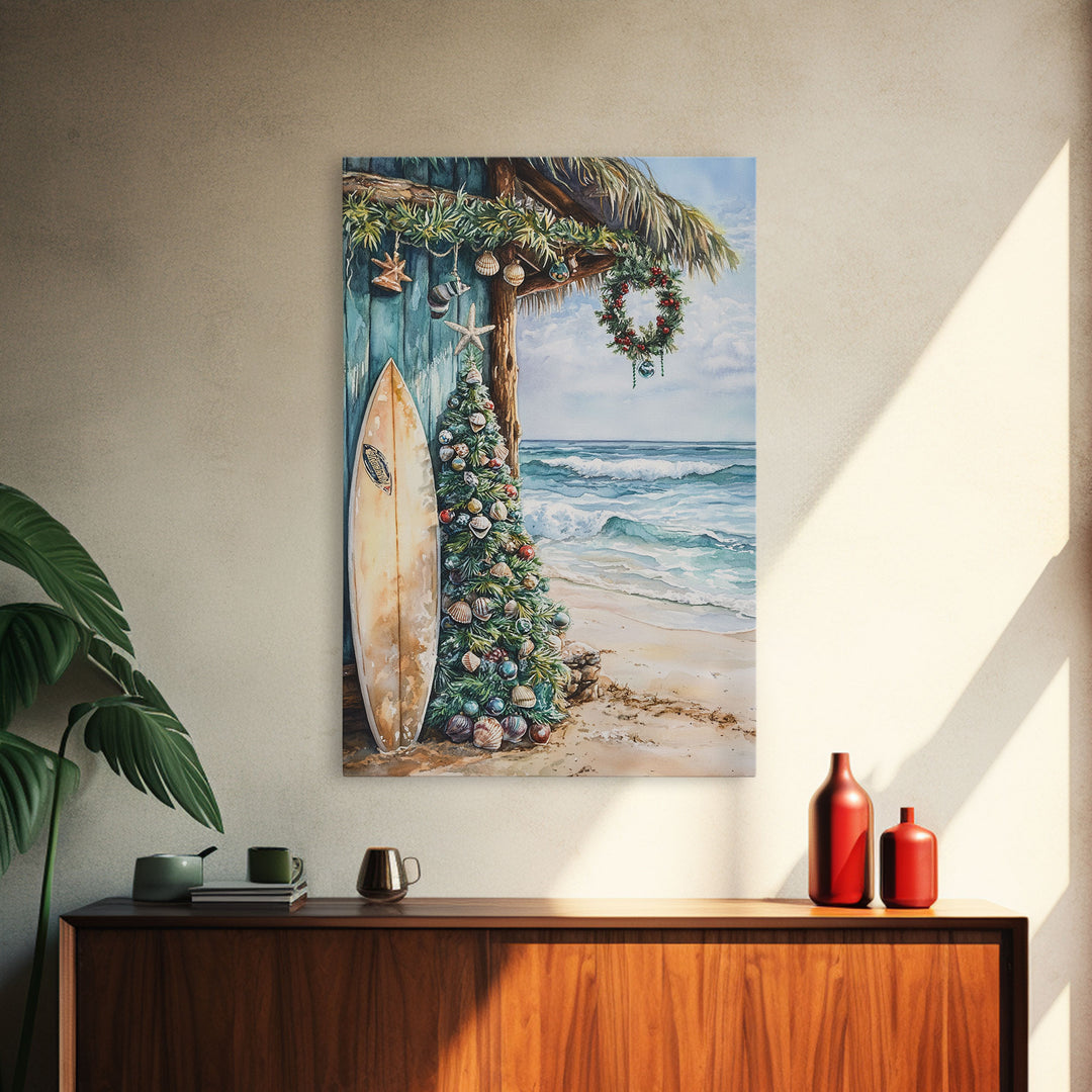 Surf Shack Christmas Framed Canvas Print, Beachfront Holiday Scene with Decorated Tree Surfboard, Coastal Wall Art Tropical Christmas Decor