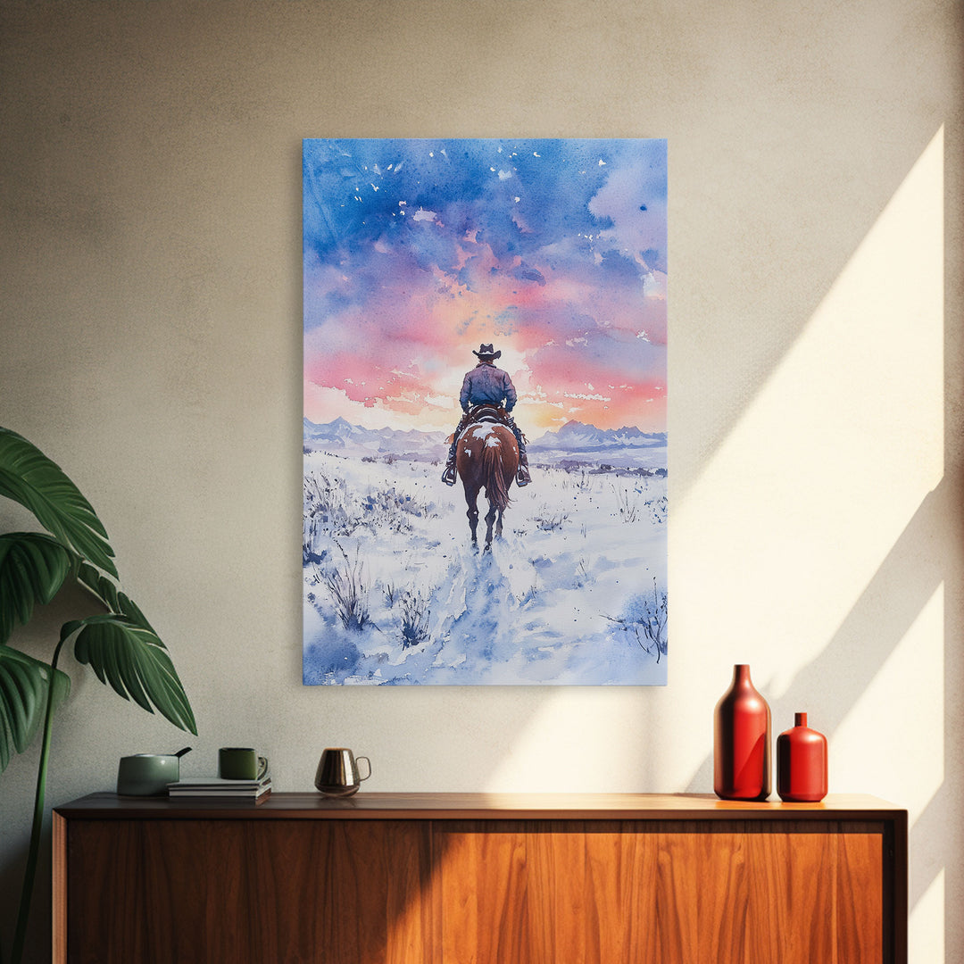 Cowboy riding through snowy sunset, Framed Canvas Print, winter landscape wall art, western decor for above sofa, rustic holiday decor