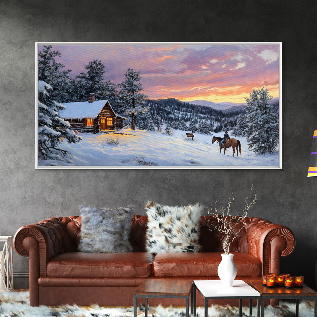 Large Cabin Winter Scene Framed Canvas Print Perfect Wall Art Home Decor, Rustic Christmas Art, Winter Art Print Gift Seasonal Wall Decor