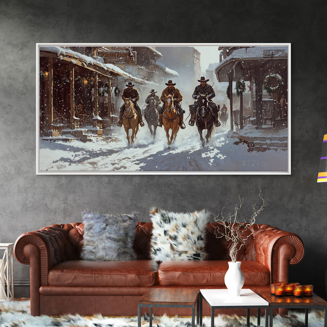 Snowy Cowboy Christmas Town Canvas Print, Rustic Western Christmas Decor, Perfect Holiday Home Decor and Vintage Wall Art