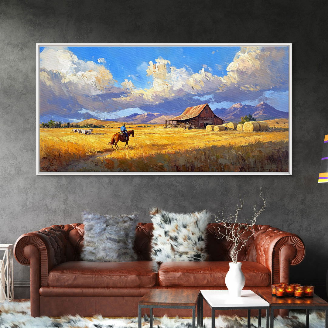 Lone Rider Crossing Golden Fields Tall Art Framed Canvas Print Rustic Cowboy Riding Horse Farmhouse Country Landscape With Cloudy Sky