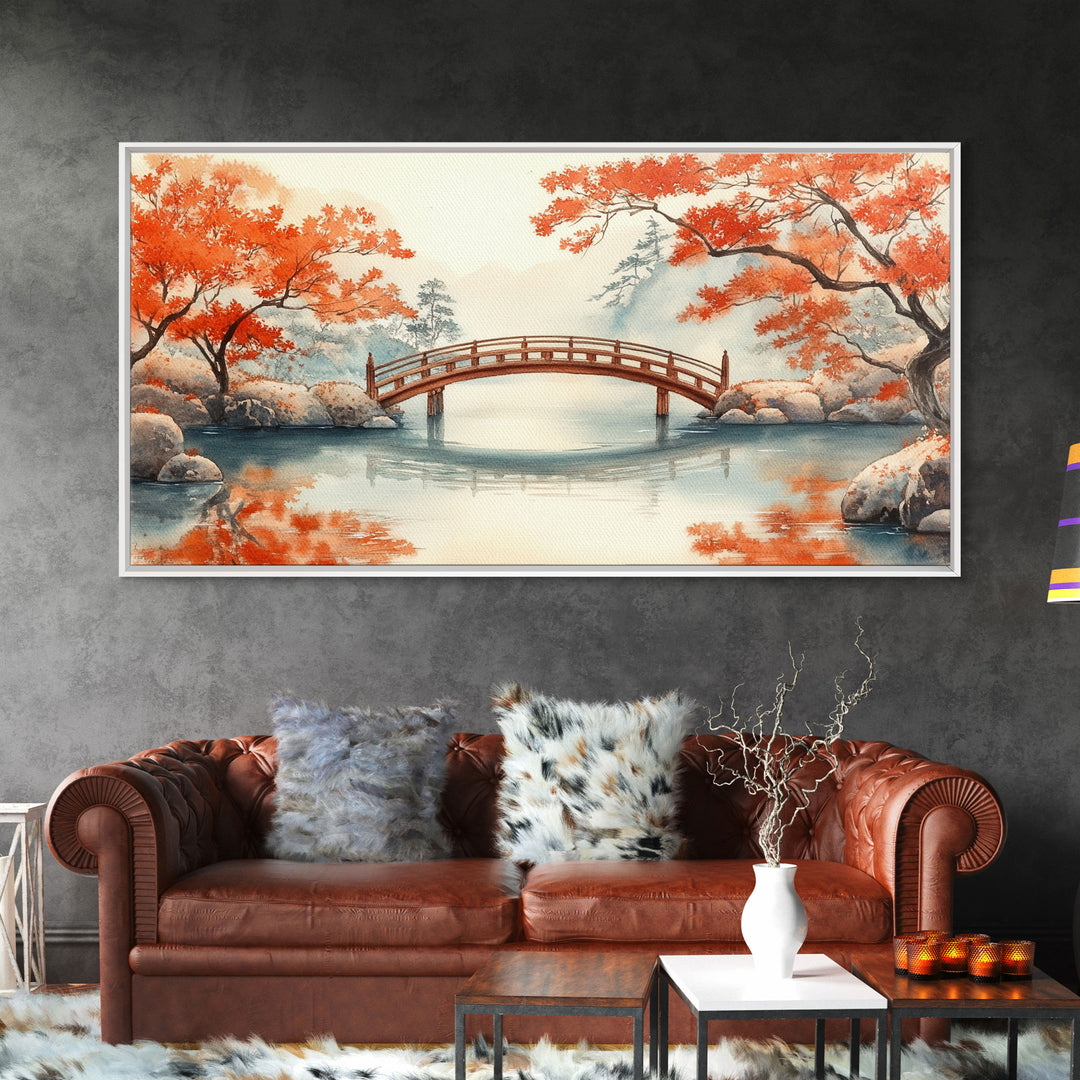 Tranquil Japanese Autumn Bridge Framed Canvas Print Fall Nature Scene Art Minimalist Wall Decor Seasonal Holiday Gift Idea 2024