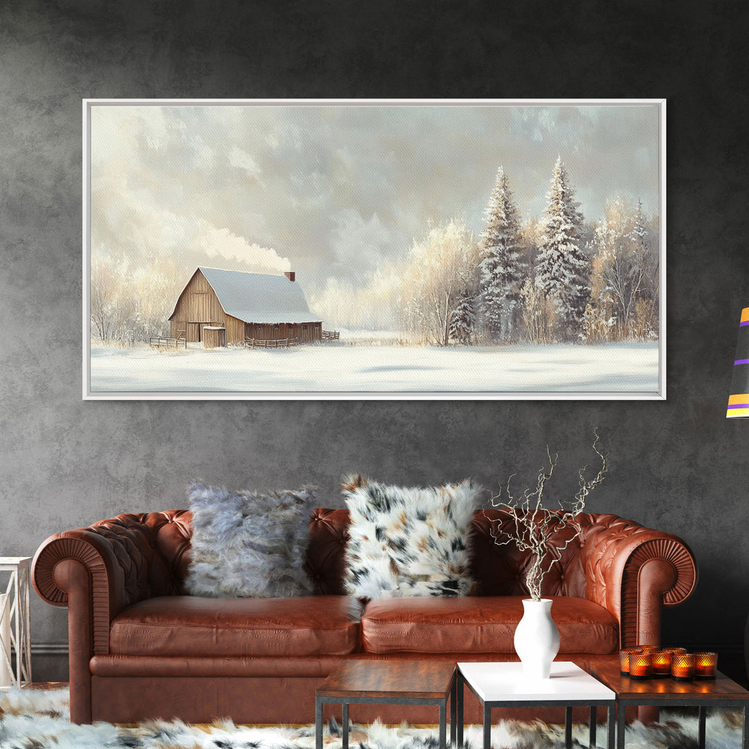 Snowy Barn In Winter Wonderland Tall Art Framed Canvas Print Tranquil Rustic Barn Covered In Snow With Pine Trees Winter Landscape