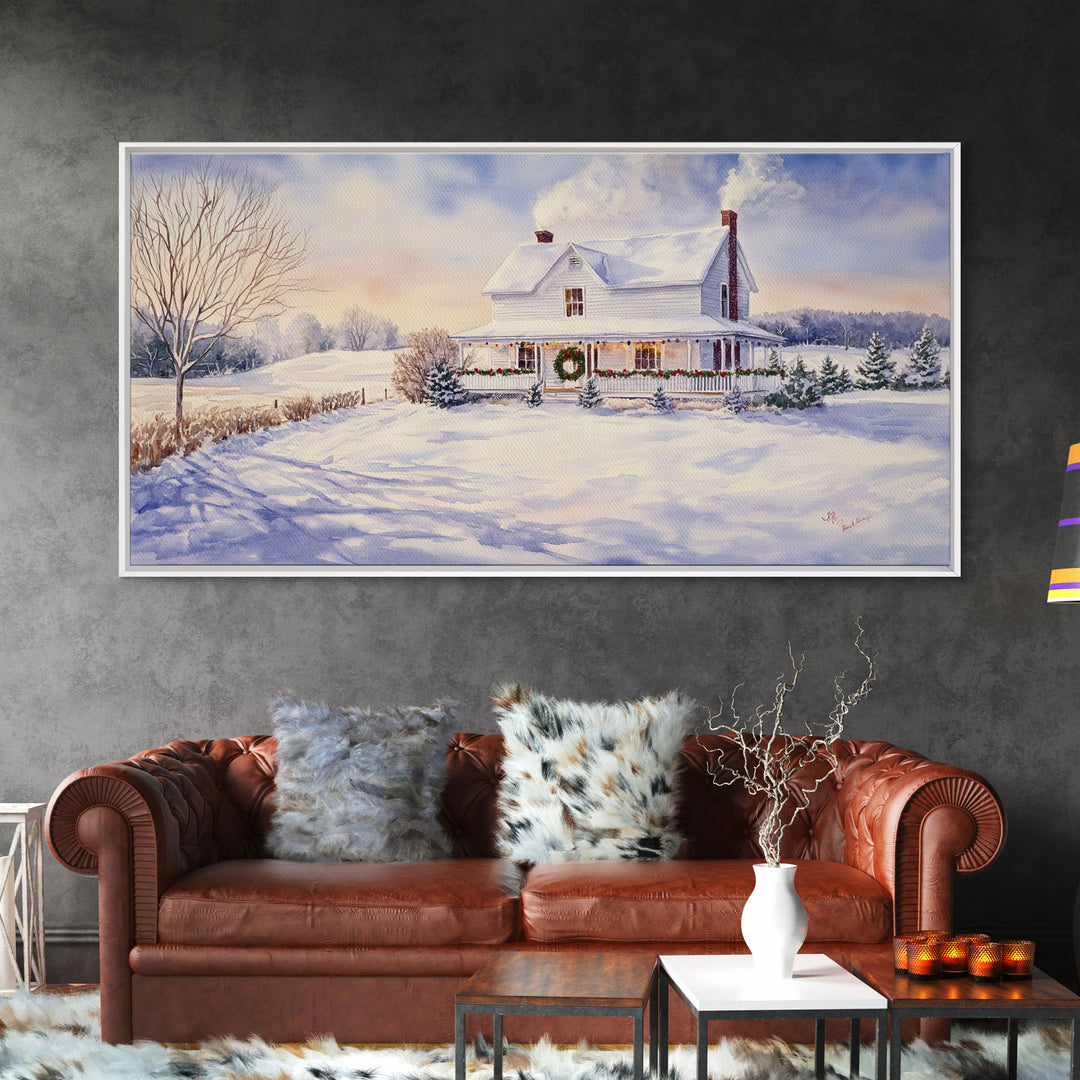 Farmhouse Christmas decor Framed Canvas Print snowy white farmhouse with wreath winter wonderland holiday decor best gift Christmas wall art