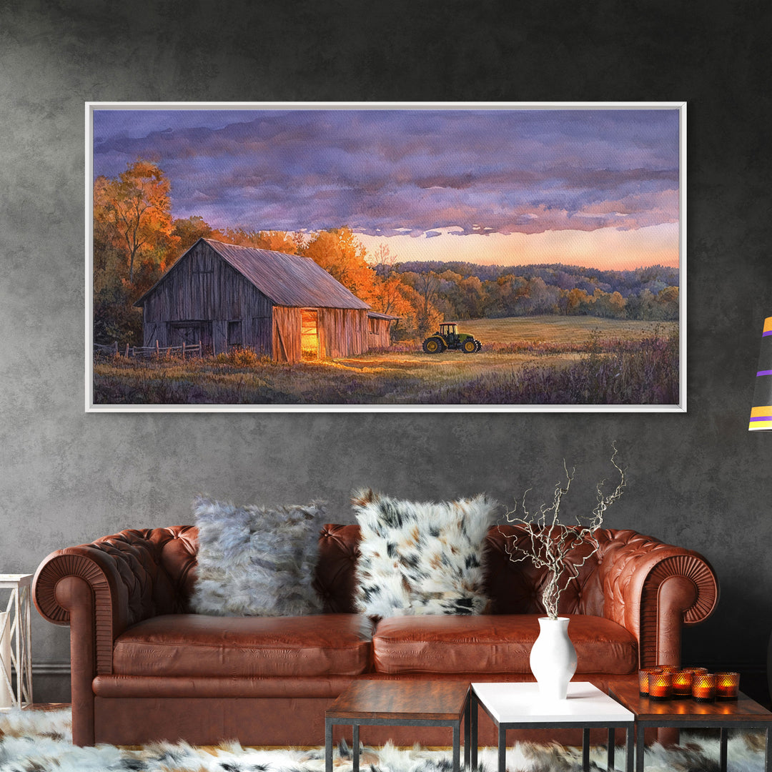 Rustic autumn farmhouse decor Canvas Print sunset landscape with tractor and barn moody landscape fall decor autumn wall art gift idea