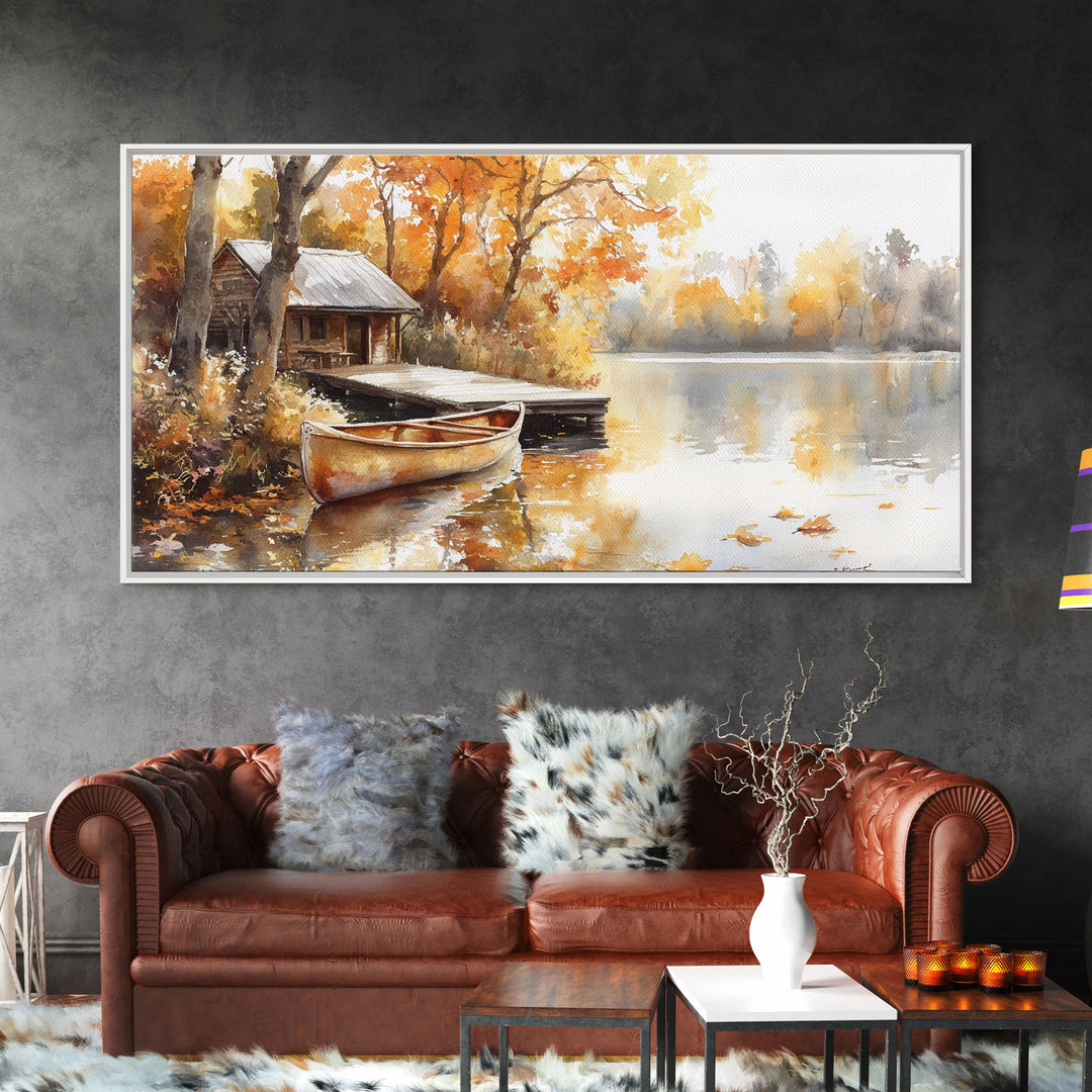 Autumn lakeside cabin decor Canvas Print fall colors cabin and canoe moody landscape rustic seasonal wall art autumn home decor gift idea