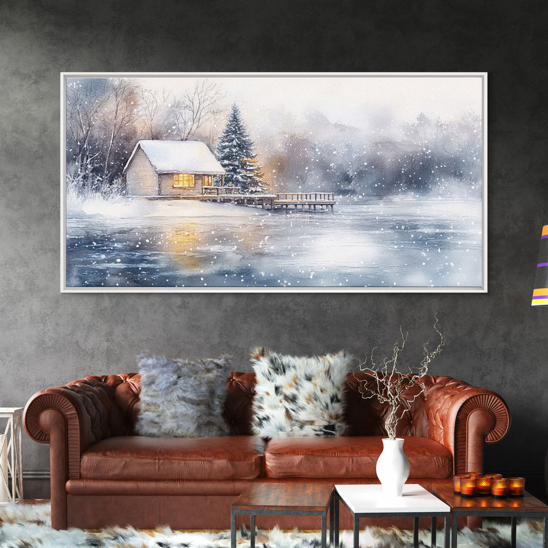 Christmas winter cabin Framed Canvas Print snowy lakeside cabin Christmas tree cozy holiday decor winter wonderland art Christmas wall decor