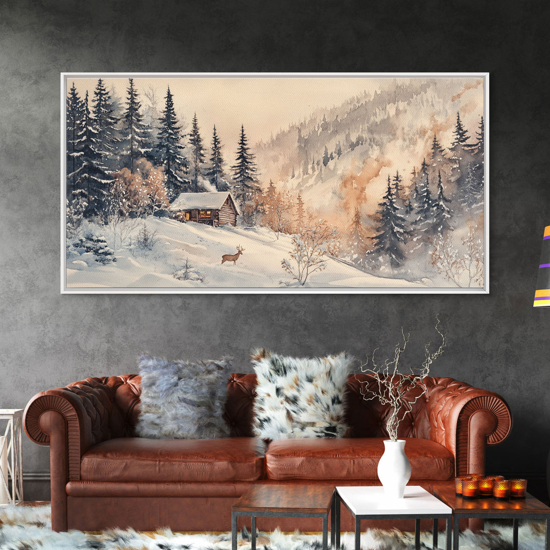 Christmas winter cabin Canvas Print snowy mountain cabin deer cozy holiday wall art winter wonderland seasonal decor Christmas gift idea