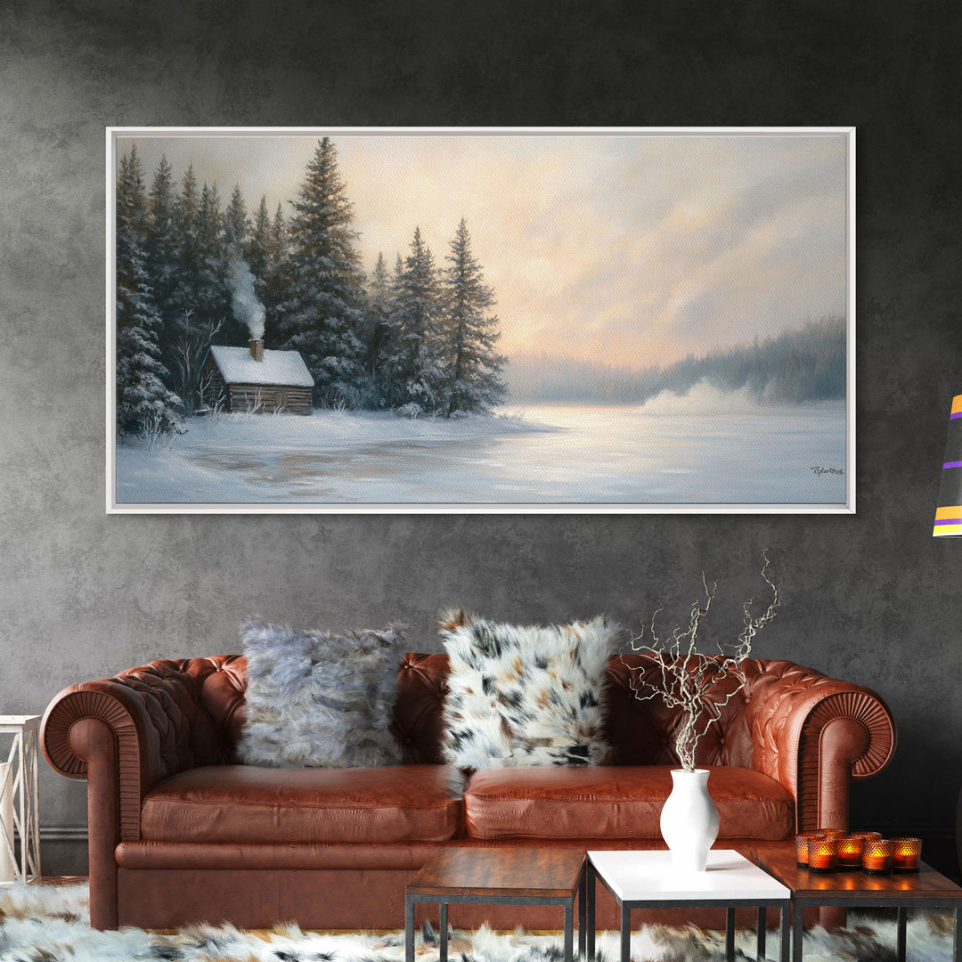 Winter Cabin By The Lake Tall Art Framed Canvas Print Snow Covered Cabin In Peaceful Forest With Winter Wonderland Scene