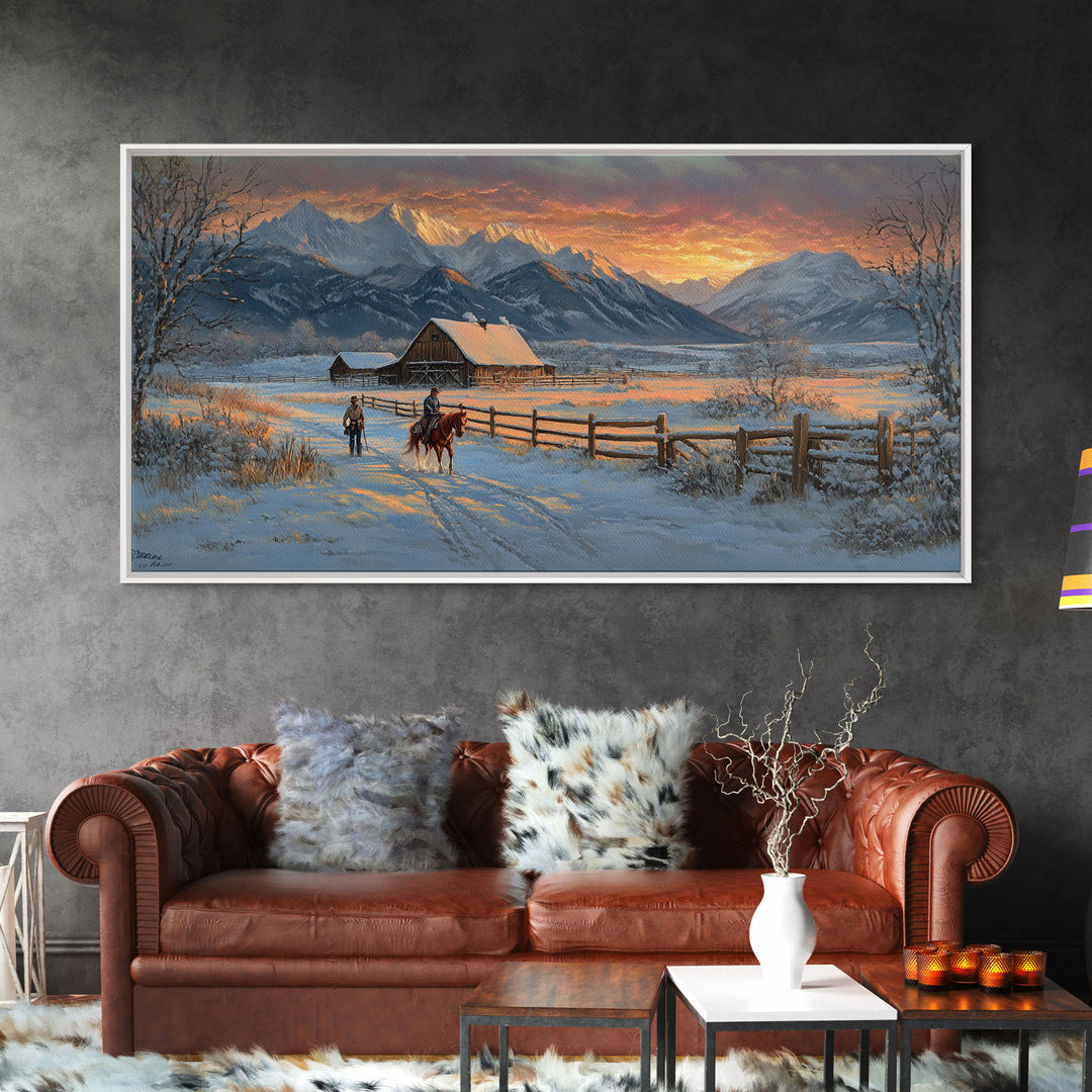 Dawn on the Frontier - Christmas scene art, winter wonderland, rustic Christmas art, Christmas farmhouse decor, snowy mountain art