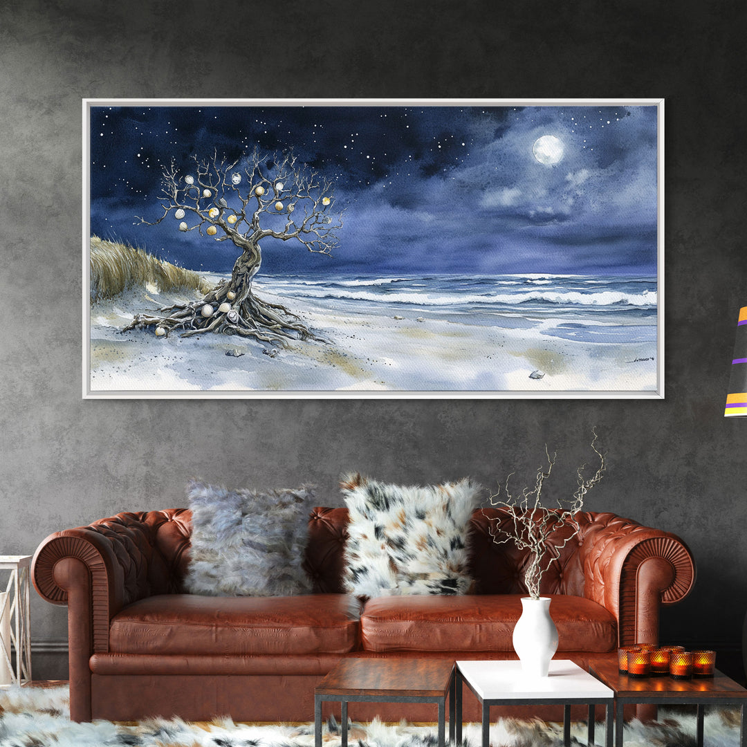 Moonlit Sea and the Tree of Ornaments - tropical Christmas, Christmas decor, Christmas wall art, Nordic Christmas decor, Christmas outdoor