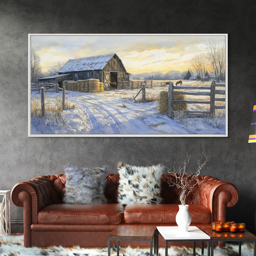 Snowy Barn Horses Canvas Print Winter Landscape Art Farmhouse Christmas Wall Art Framed Canvas Print Rustic Christmas Outdoor Decor