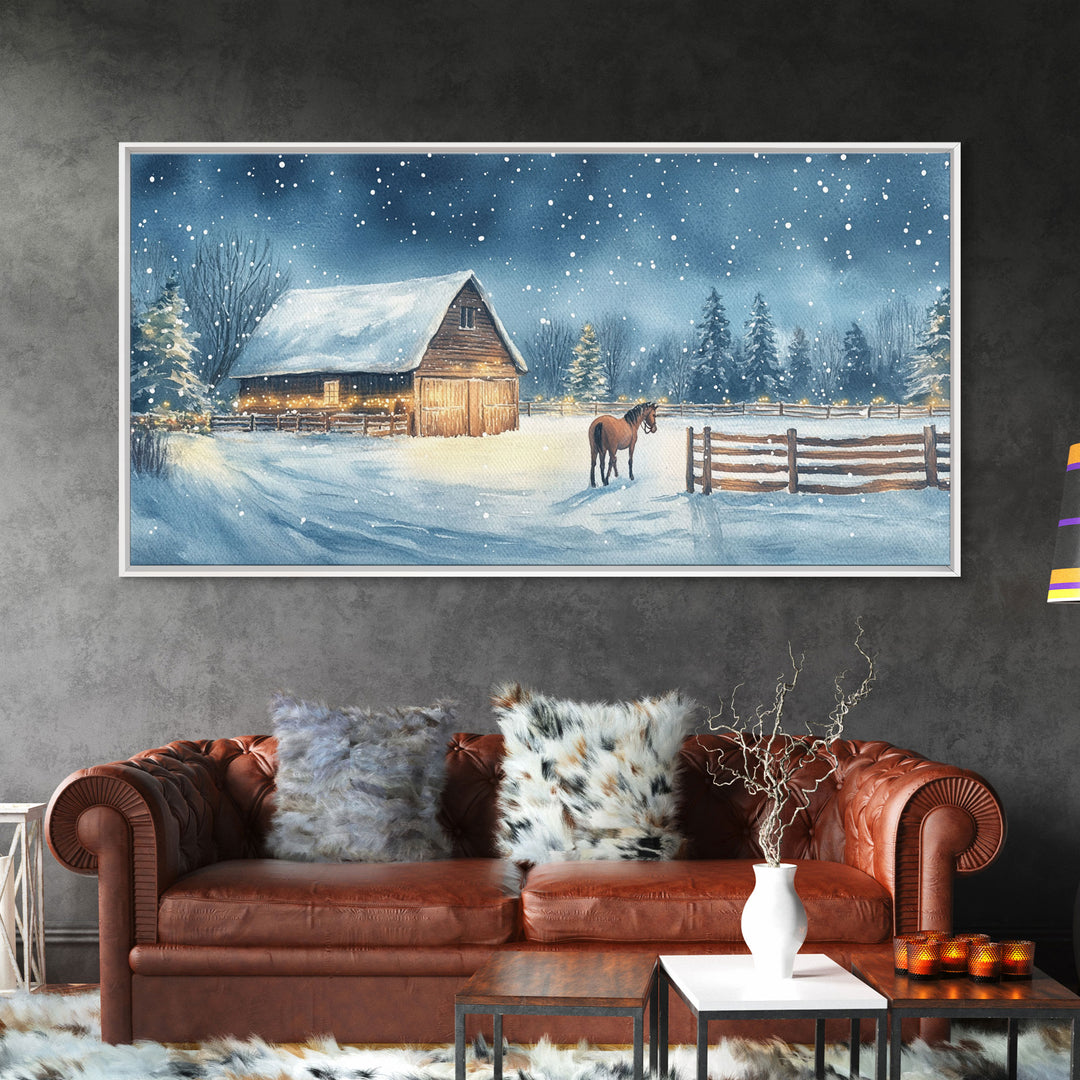 Snowy Horse Barn Canvas Print Christmas Farmhouse Decor Winter Wonderland Art Framed Canvas Print Christmas Outdoor Wall Art