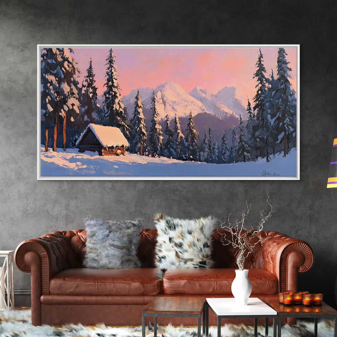 Snowy Mountain Cabin Tall Art Framed Canvas Print Cozy Winter Cabin Nestled In Snowy Forest With Majestic Mountain Landscape