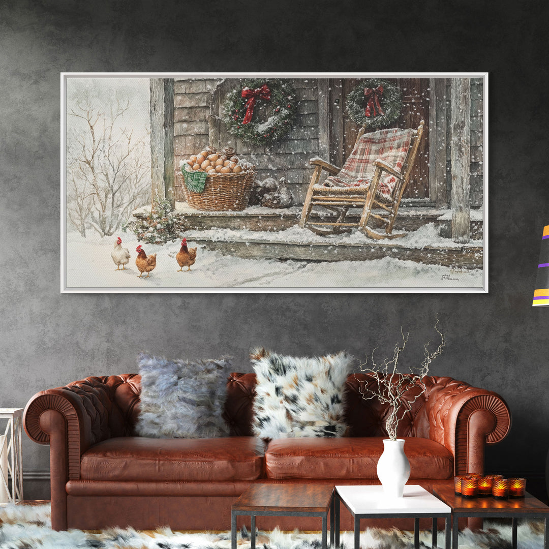 Winter porch with Christmas wreath, rustic farmhouse holiday art, Christmas decor print, winter art, canvas print, vintage Christmas decor