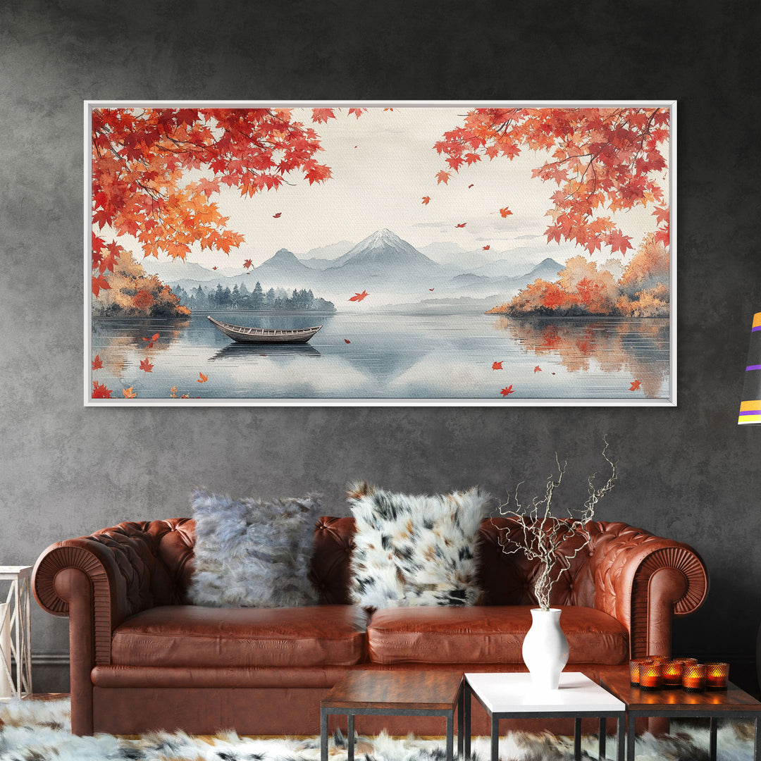 Mountain lake autumn art, fall leaves and boat decor, peaceful autumn landscape, serene fall wall art, framed canvas print, autumn decor