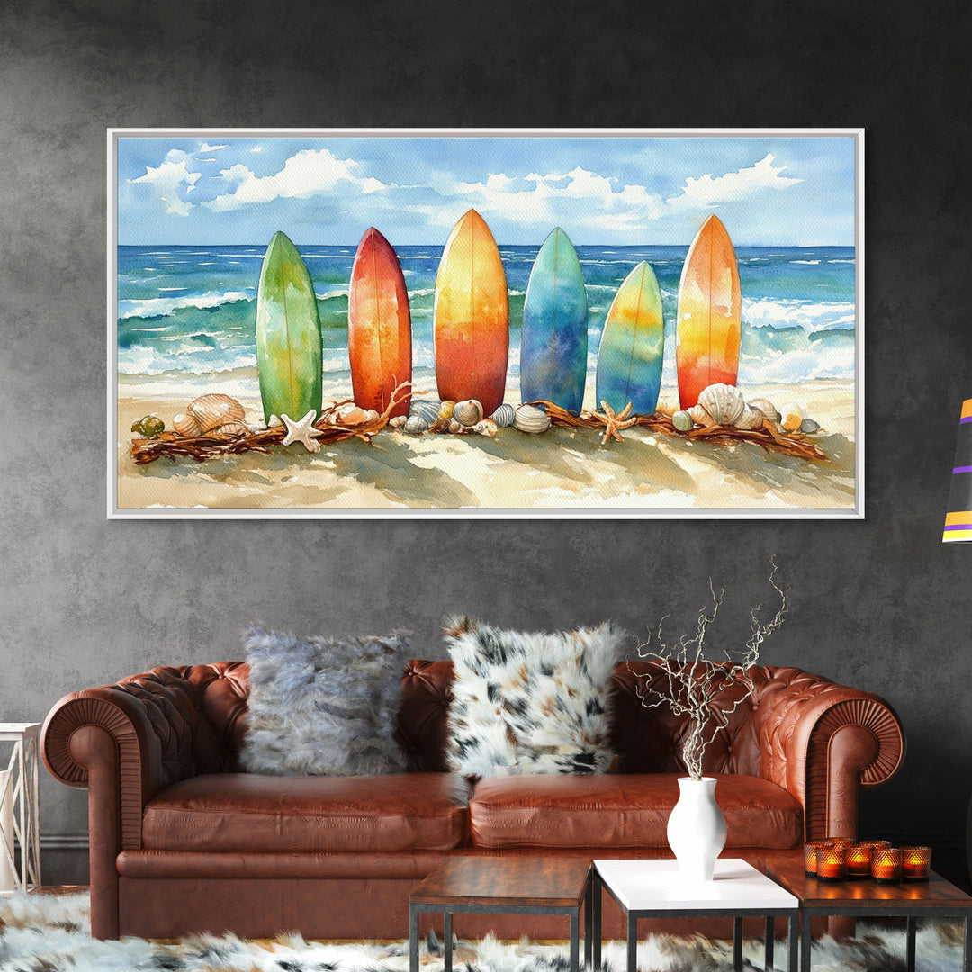 Colorful surfboards Christmas wall art, beach holiday decor, coastal Christmas art, framed canvas print, tropical Christmas art gift