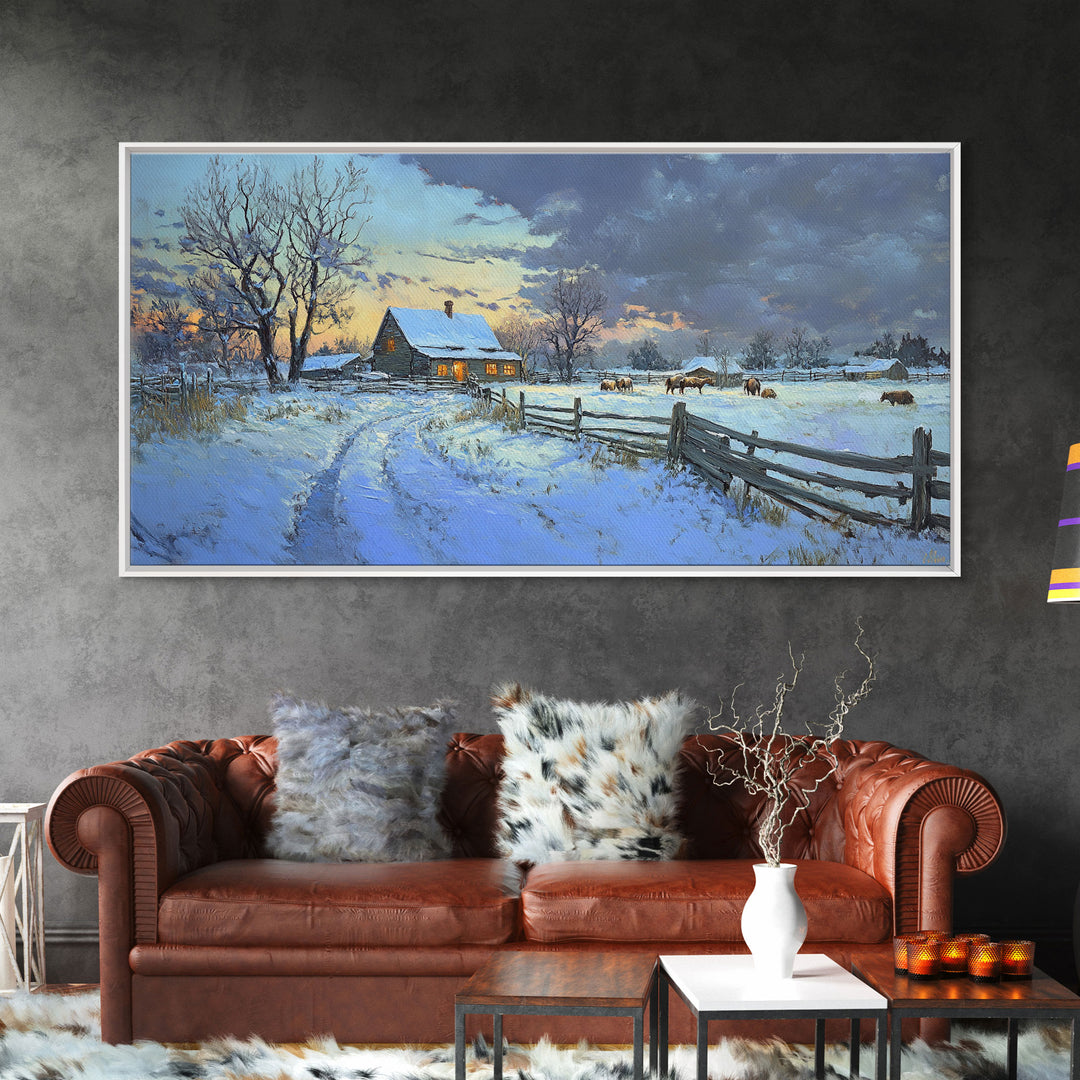 Beautiful Winter Snowy Farm Framed Canvas Print Rustic Christmas Decor, Christmas Wall Art and Holiday Art Prints, Gift Home Decor