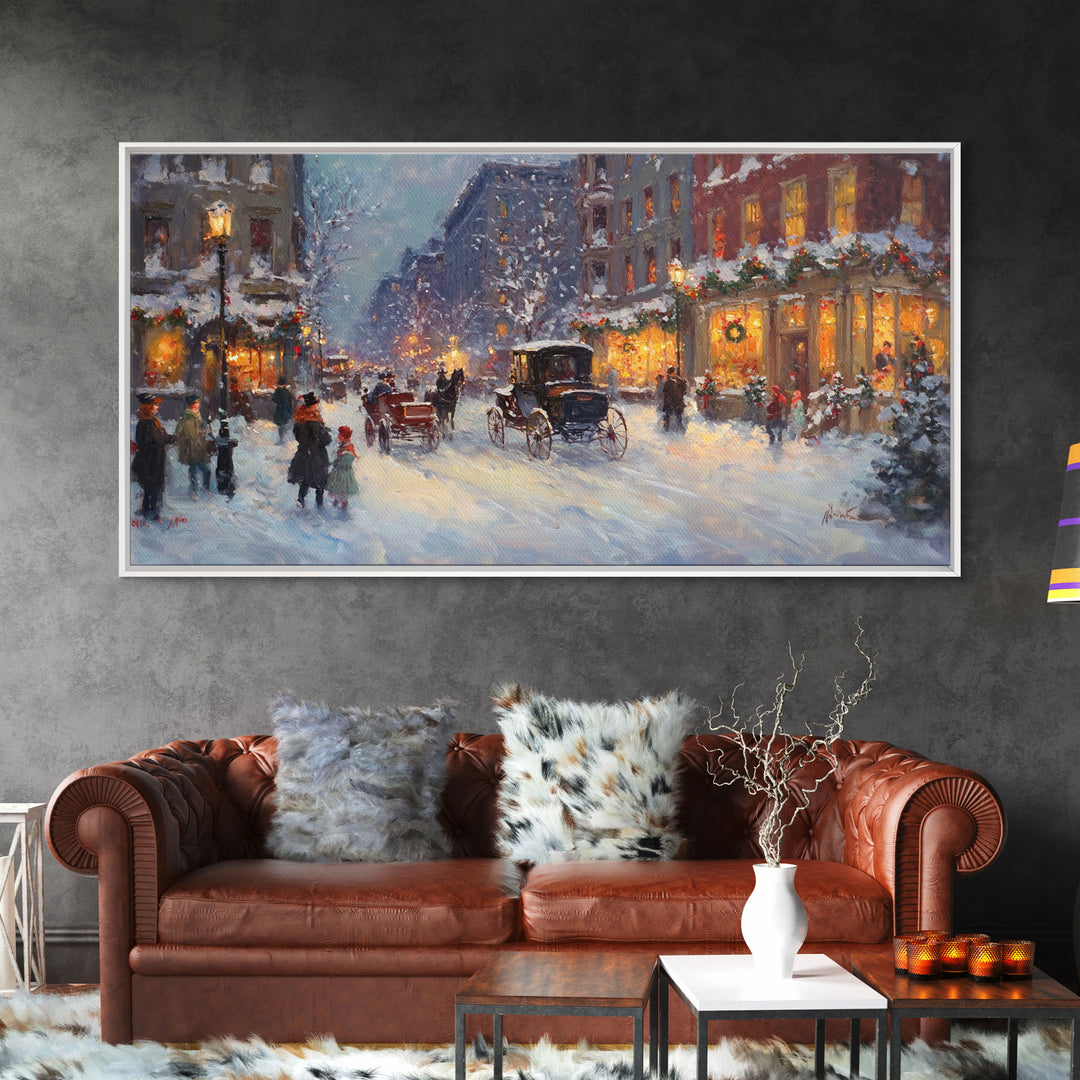 Victorian Christmas Market Tall Art Framed Canvas Print Winter Street Scene With Holiday Decorations And Horse-Drawn Carriages In Snow