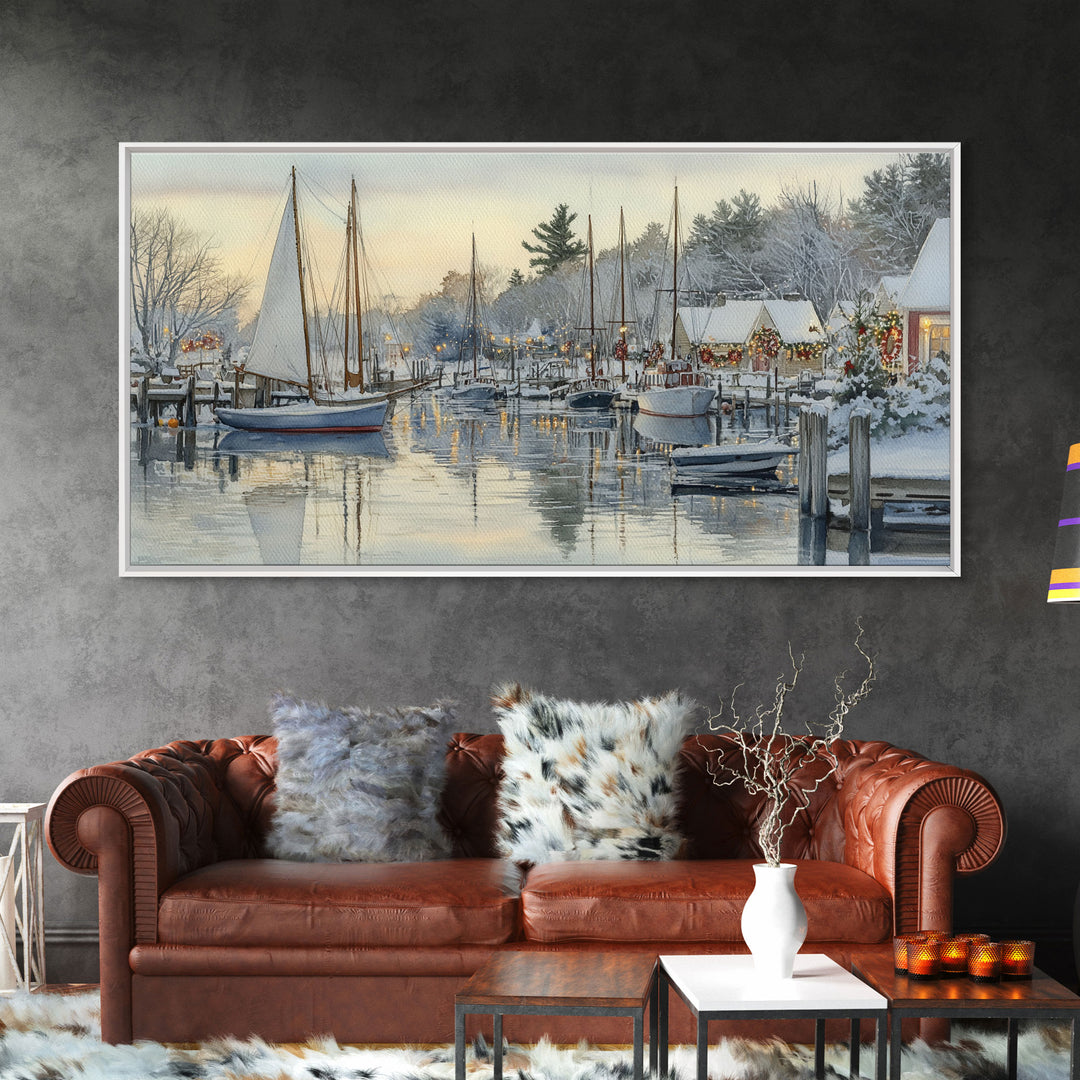 Snowy Boats at a Festive Pier Scene, Framed Canvas Print, Coastal Christmas Decor, Art, Winter Wonderland, Nautical Christmas Wall Print