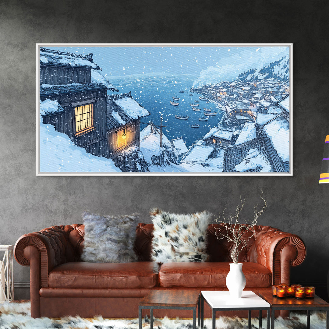 Snowy Village by the Sea, Framed Canvas Print, Nautical Christmas Art, Winter Wonderland, Coastal Christmas Decor, Holiday Wall Print