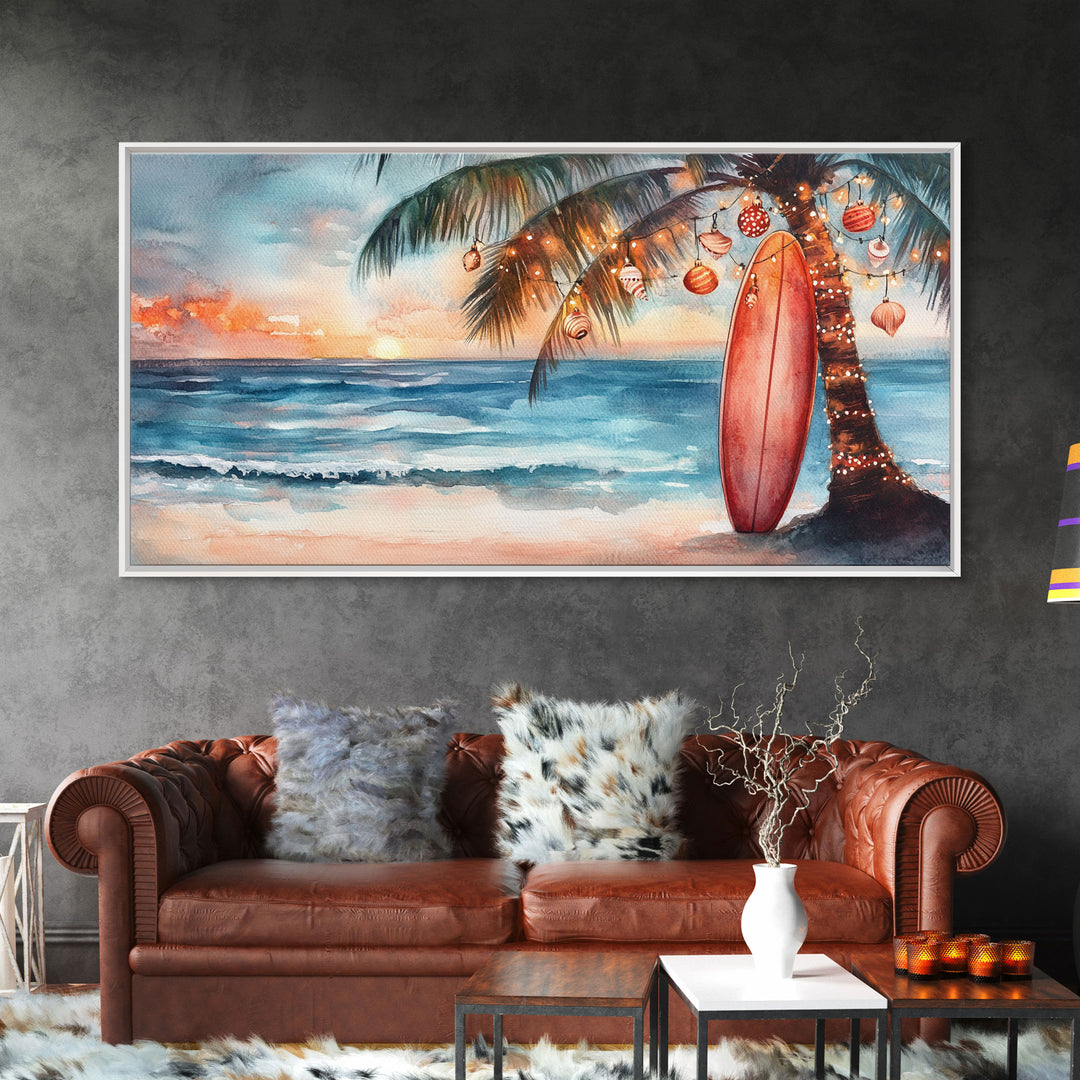 Tropical Palm Tree with Christmas Ornaments at Sunset, Framed Canvas Print, Beach Art, Tropical Christmas Decor, Coastal Holiday Wall Art