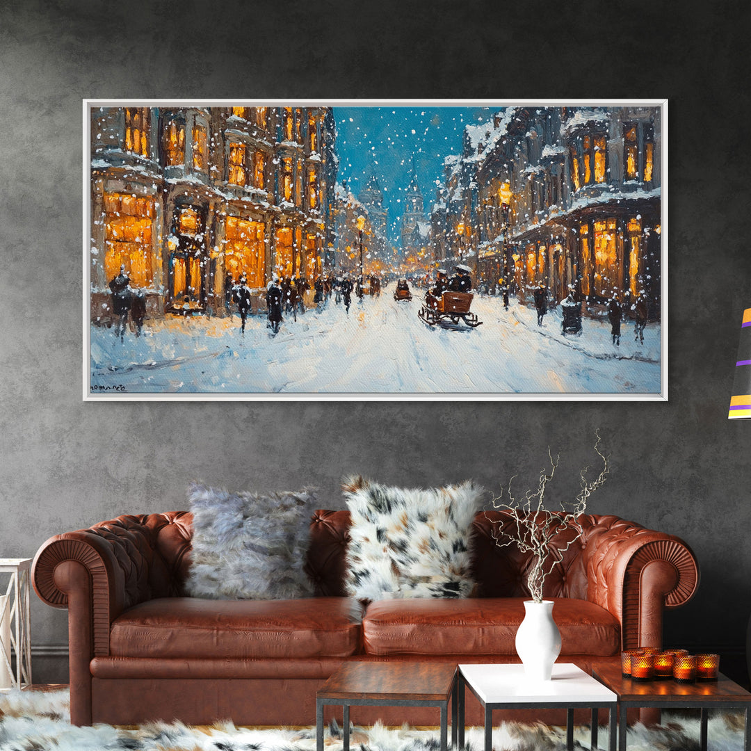 Large Framed Canvas Print Winter Wonderland Snowy City Street Art with Horse Carriage Perfect Christmas Home Decor Holiday Wall Art