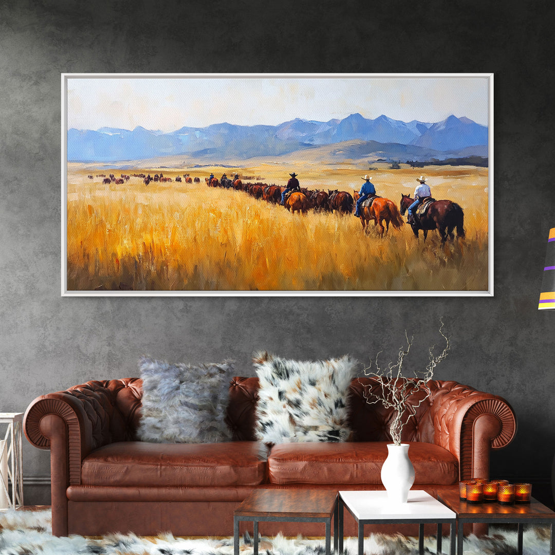 Cowboys Framed Canvas Print Western Country Horse Ride Scenic Art Large Landscape Wall Decor Ideal Holiday and Ranch Home Gift