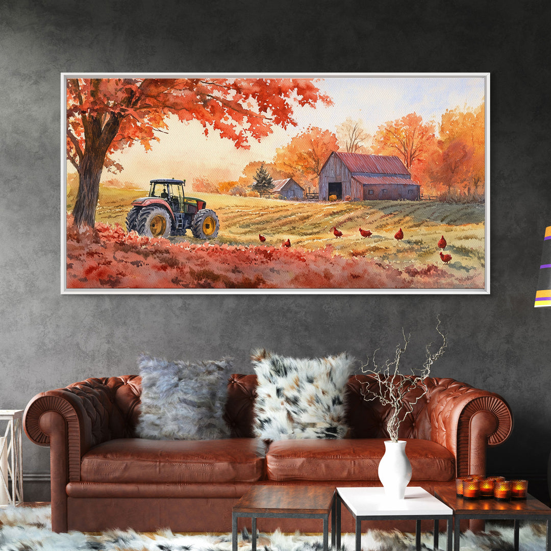 Tractor in Fall Field with Barn, Watercolor Wall Art, Farmhouse Autumn Decor, Framed Canvas Print, Home Decor, Above Sofa Art, Gift Idea