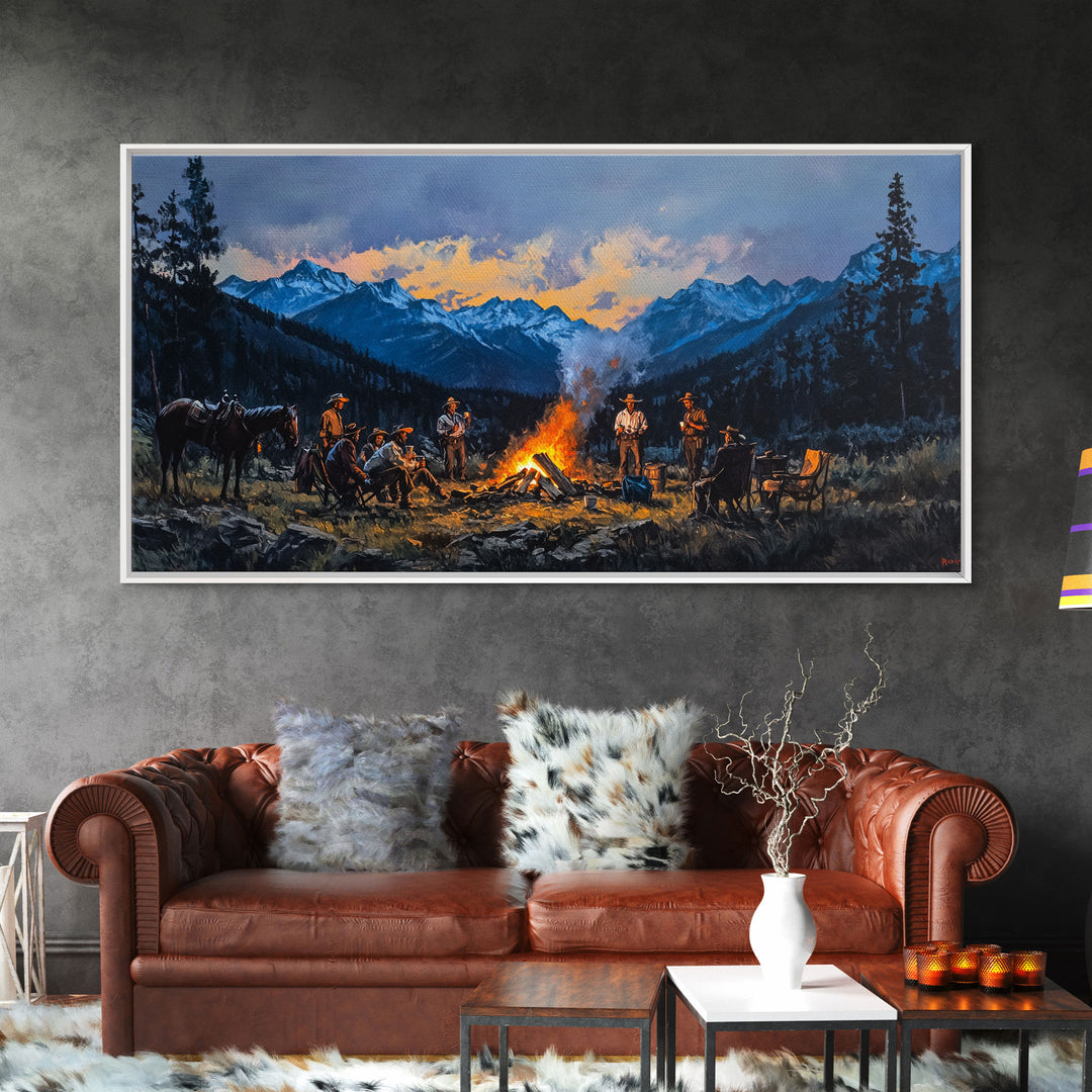 Framed Canvas Print Western Cowboys Campfire Evening Art Landscape Rustic Winter Mountain Home Decor Extra Large Wall Art Gift