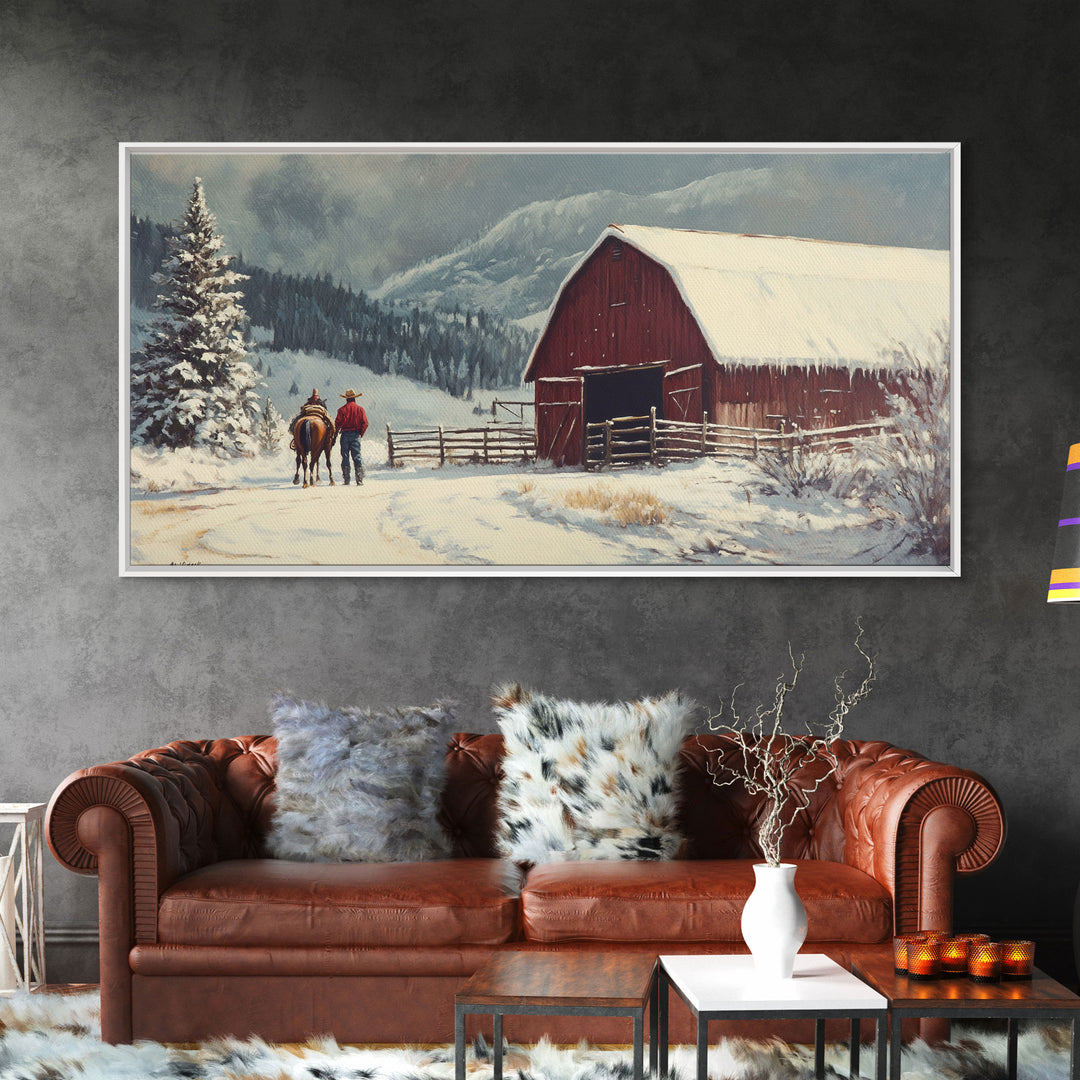 Winter On The Farm, Barn Painting, Framed Canvas Print, Primitive Farmhouse Decor, Christmas Decor, Winter Wonderland Rustic Winter Wall Art