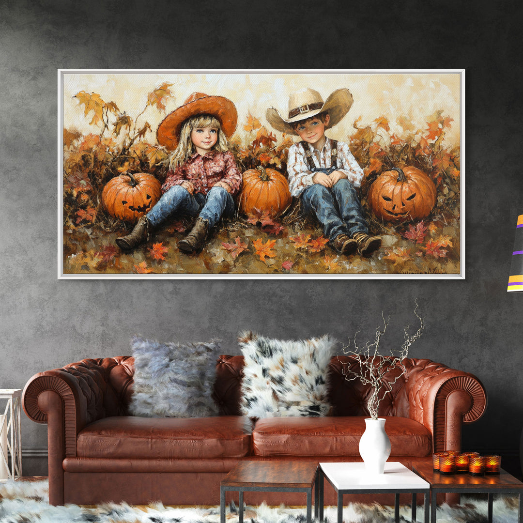 Framed Canvas Print Cowboy On Horse Overlooking Fall Mountain Peaks Western Horse Rider Autumn Scenic Wall Art Fall Colors