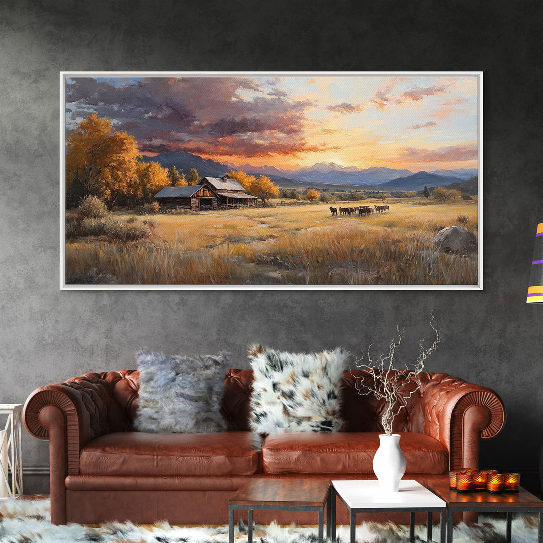 Sunset Ranch Framed Canvas Print Scenic Landscape Art Autumn Mountain Wall Decor Ideal Holiday and Fall Home Decor Extra Large Art