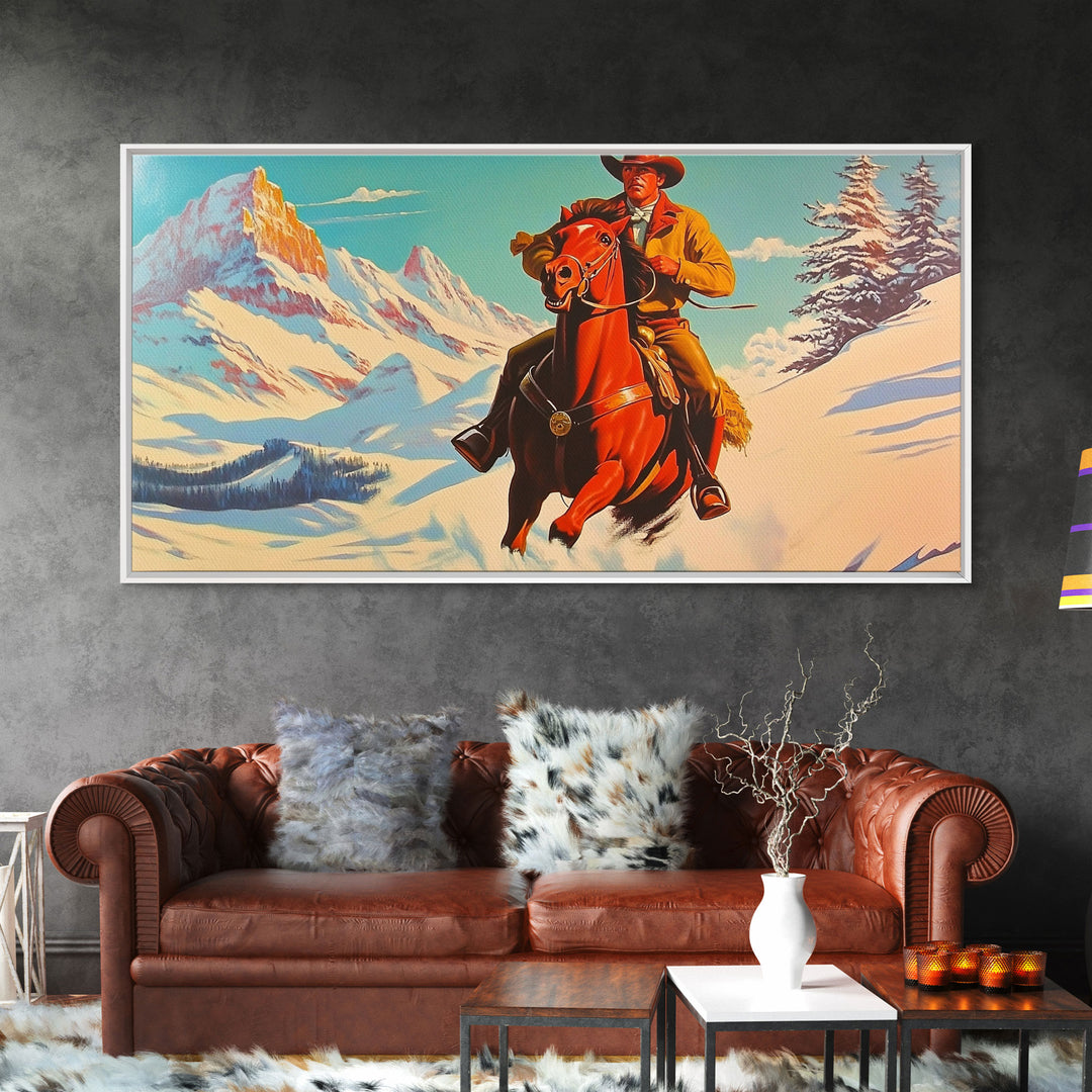 Cowboy in red jacket riding through snow-covered forest, Framed Canvas Print, vibrant winter wall art, rustic western decor